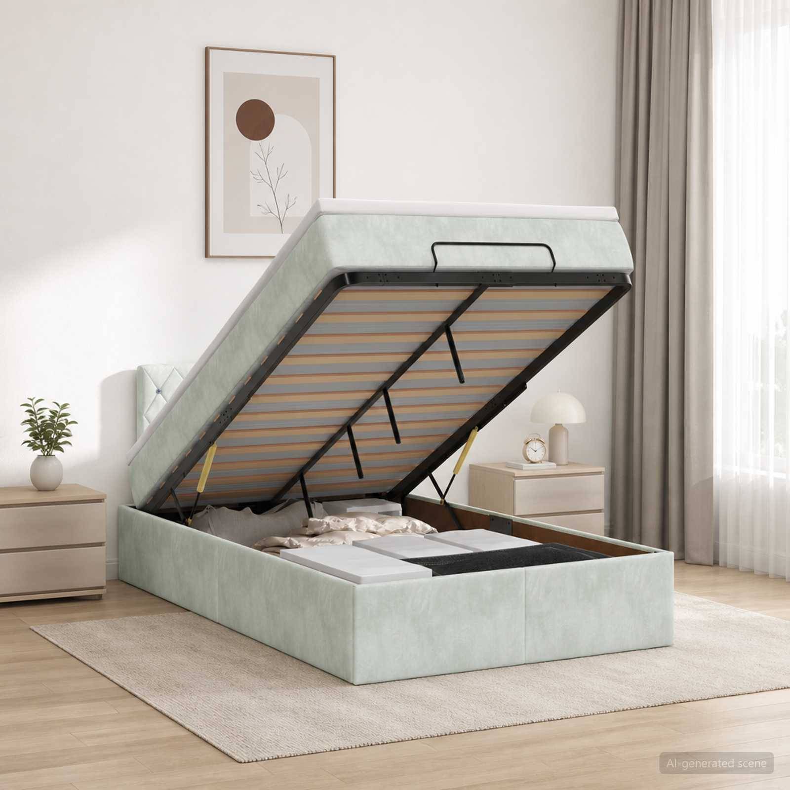 Gepolstertes Bett mit Stauraum und angehobener Matratzenunterlage, das unter dem Bett versteckten Stauraum in einem hellen modernen Schlafzimmer offenbart.