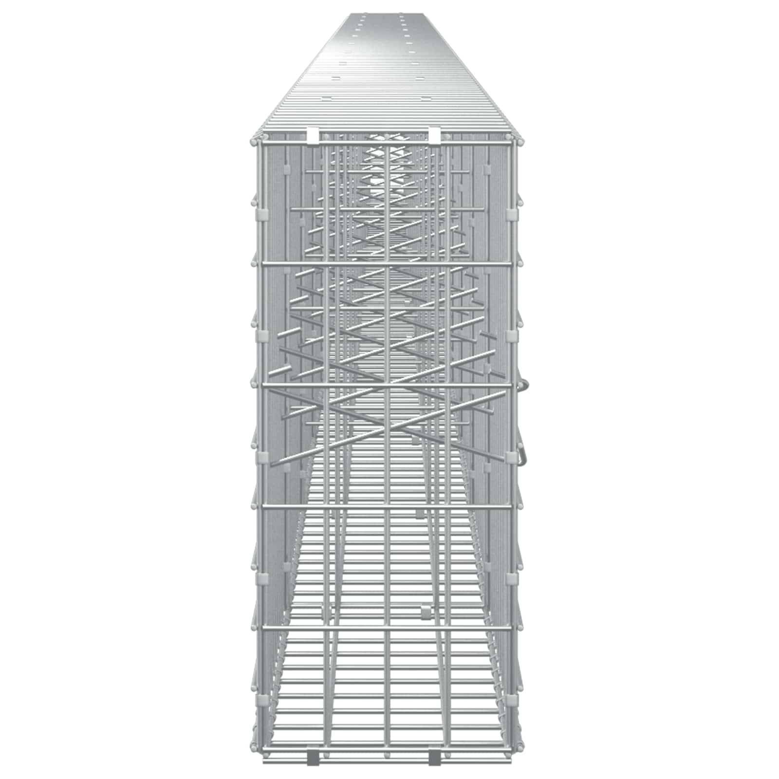 Vorderansicht einer hohen Stahlgitterbrücke oder Brückenspannwerkstruktur, die ihr internes Gitter und ihre Queraussteifung zeigt.