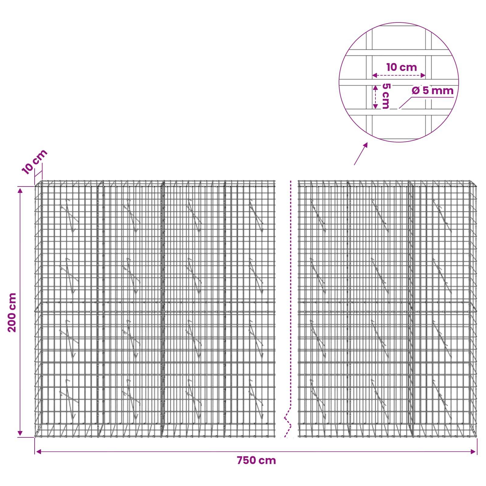 Technisches Diagramm von zwei Drahtgitterpanelen mit gekennzeichneten Abmessungen von 750 cm Breite und 200 cm Höhe, plus Detailansicht mit 10 cm Abstände und 5 mm Drahtdurchmesser.