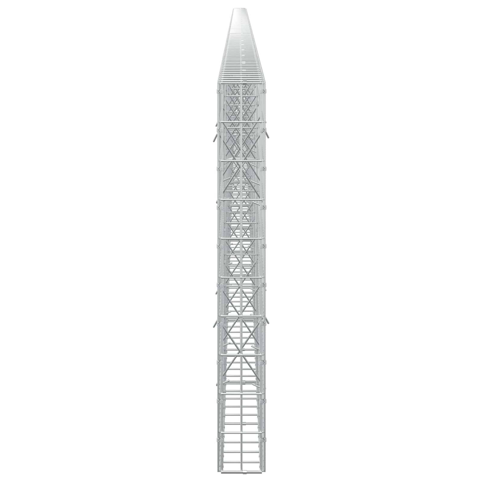 Hoher, schlanker, weißer Metallturm oder Mast mit verjüngter Spitze, Vorderansicht auf einfachem Hintergrund dargestellt.