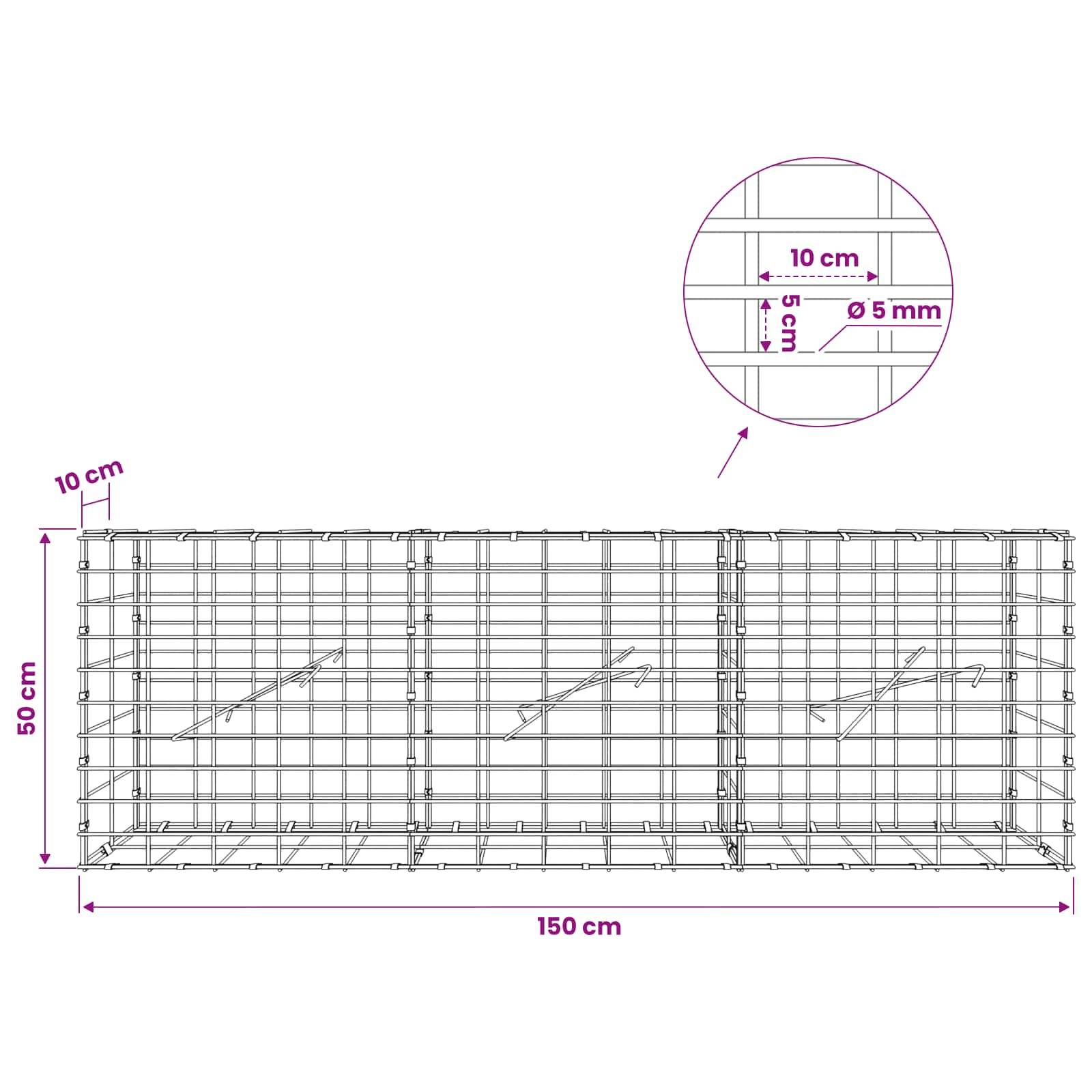 Drahtgeflecht-Gabionenkorbdiagramm mit Abmessungen 150 cm Länge, 50 cm Höhe, 50 cm Tiefe, mit 10 cm Maschenweite und 5 mm Draht.