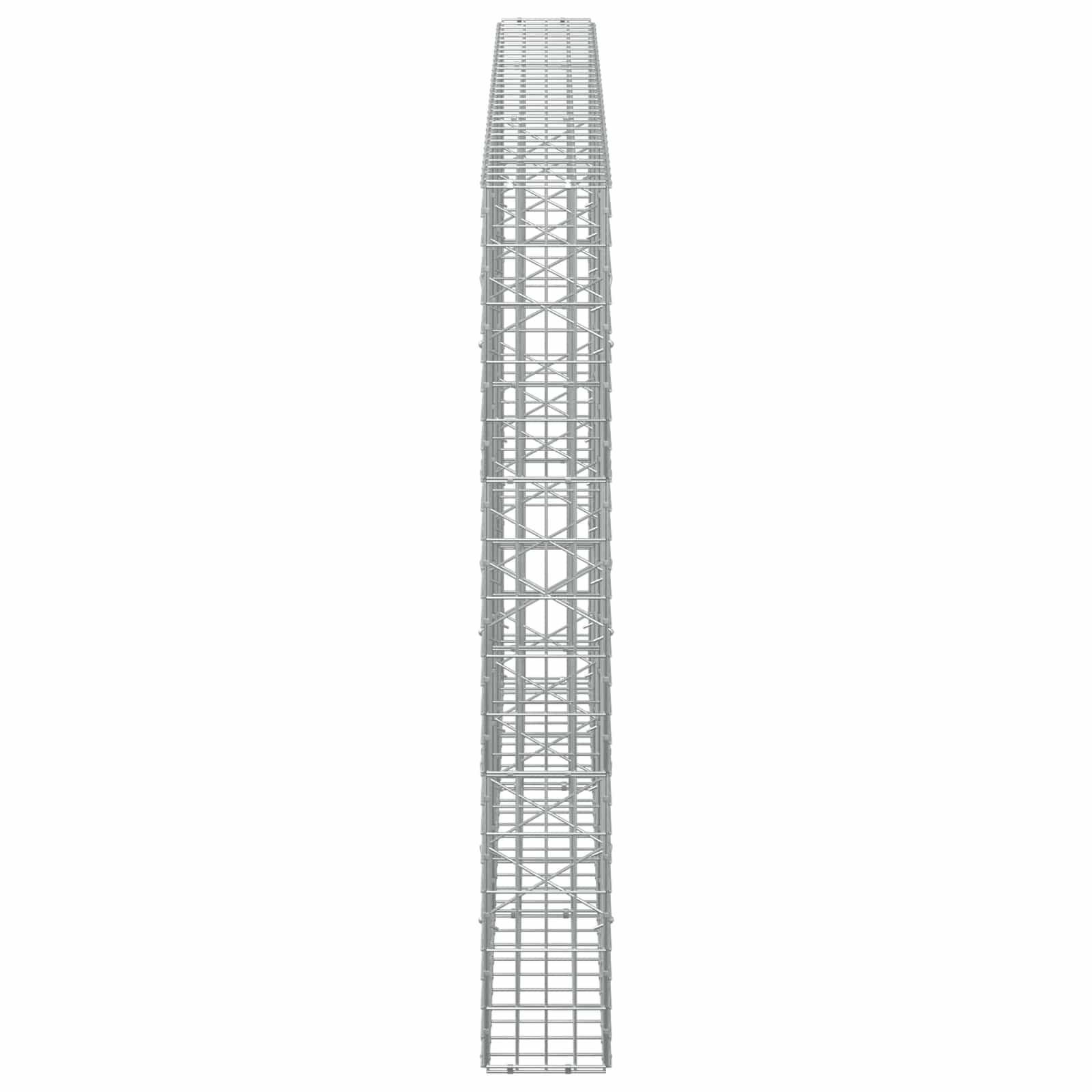 Hoher grauer Metallgitterturm oder Fachwerkkonstruktion, vertikal auf einem einfachen weißen Hintergrund dargestellt.