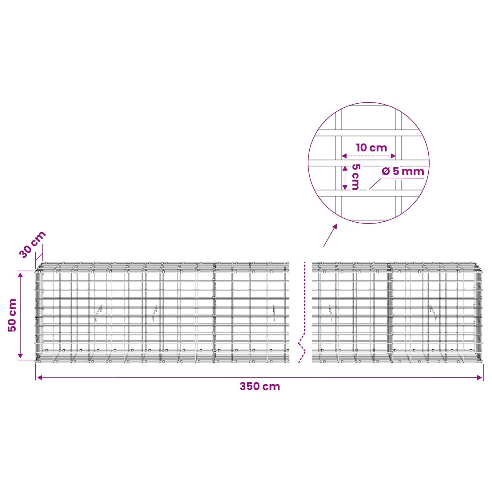 Technisches Diagramm eines Drahtgitter-Gabionenkorbassemblies mit den Abmessungen 350 cm Länge, 50 cm Höhe, 30 cm Tiefe, mit Detailansicht des 10 cm Gitters und 5 mm Drahtdicke.