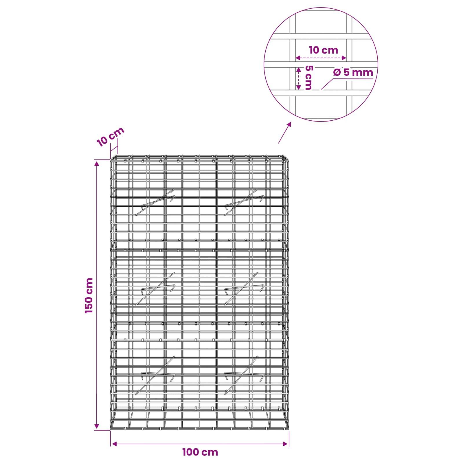 Drahtgeflecht-Paneldiagramm mit einem rechteckigen Panel von 100 cm mal 150 cm, 10 cm Tiefe, mit 10 cm Gitterabstand und 5 mm Drahtdurchmesser.