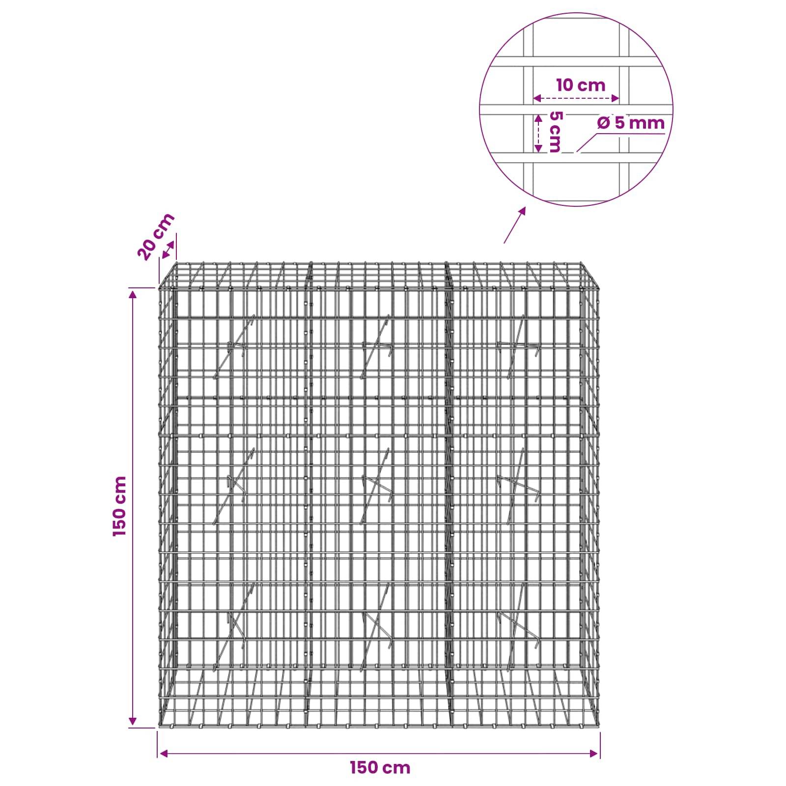 Drahtgitter-Gabionenkörper-Diagramm, 150 cm breit × 150 cm hoch × 20 cm tief, aus 5 mm Draht mit 10 cm × 5 cm Öffnungen.