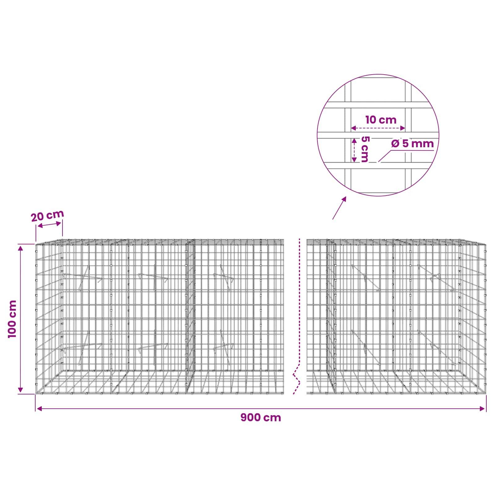 Drahtgitter-Schotterkasten-Diagramm mit Abmessungen: 100 cm hoch, 900 cm lang, 20 cm Ecke, 10 cm Gitter, 5 mm Draht, 5 cm Abstand.