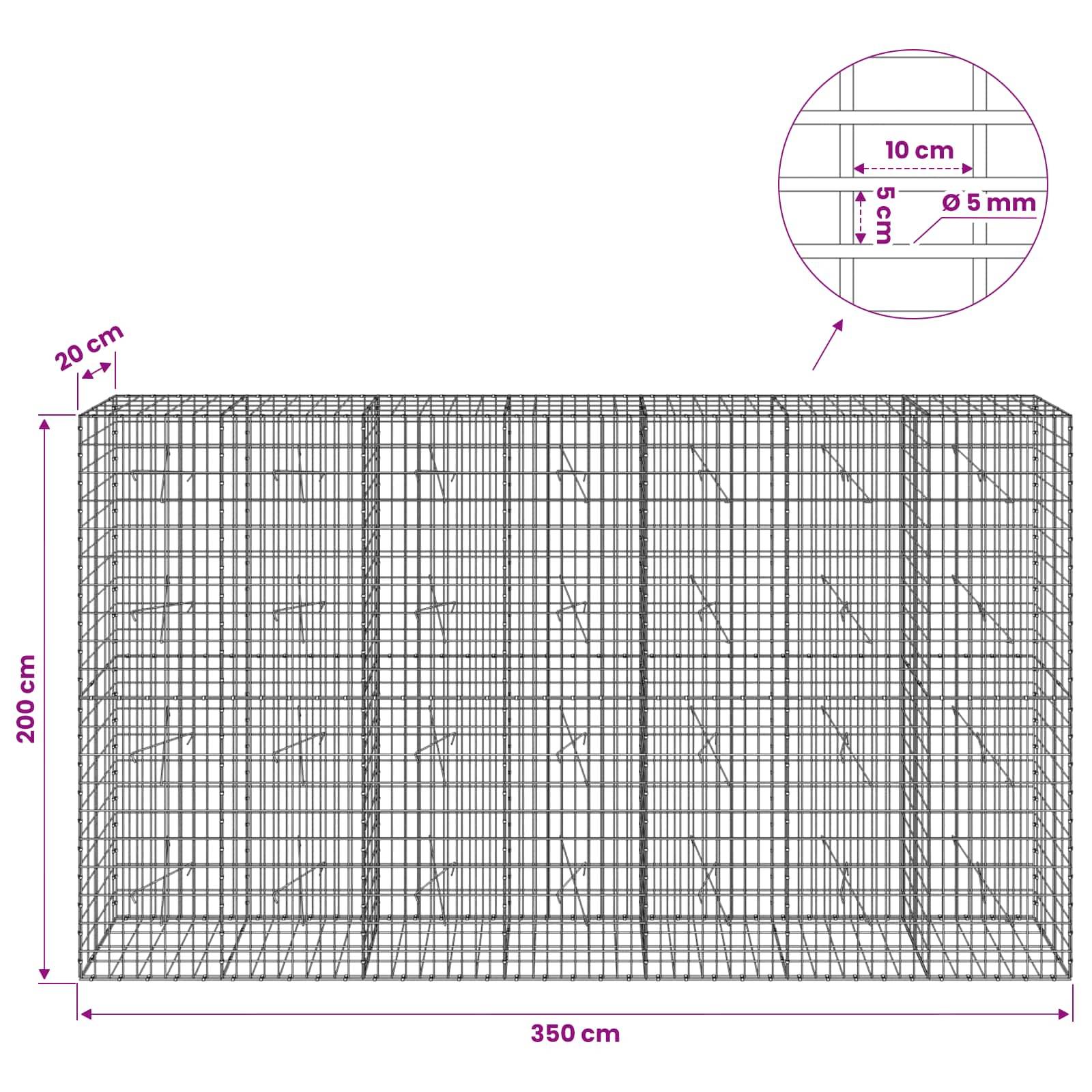 Drahtgeflecht-Schotterkorbkäfig-Diagramm mit Abmessungen 350 cm lang, 200 cm hoch, 20 cm tief; Ausschnitt zeigt 10-cm-Gitter und 5-mm-Drahtdurchmesser.