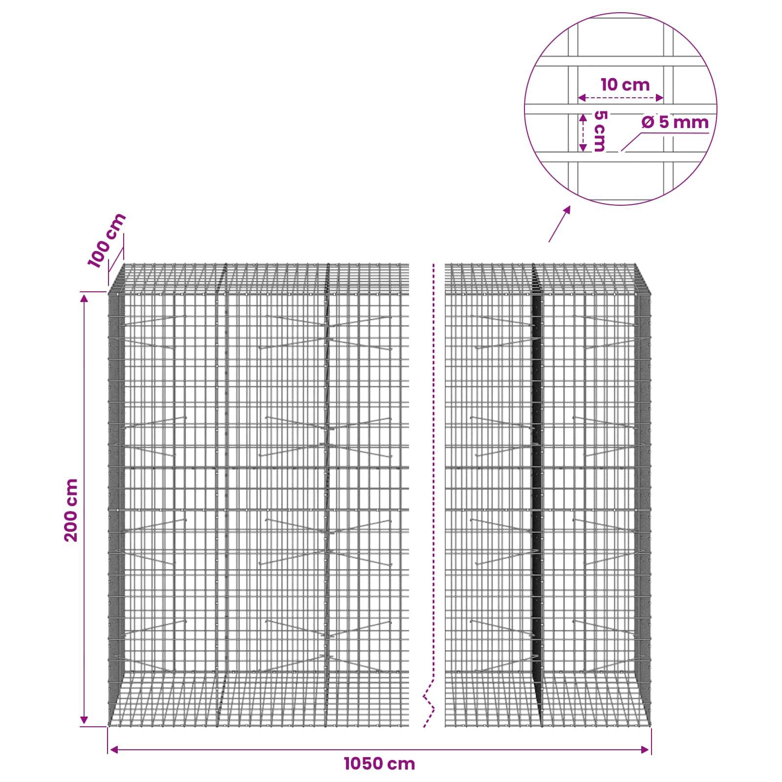 Drahtgitter-Gabionenkorb dargestellt in Vorder- und Seitenansicht, 200 cm hoch, 100 cm tief, 1050 cm breit, mit 10 cm × 5 cm Öffnungen und 5 mm Draht.