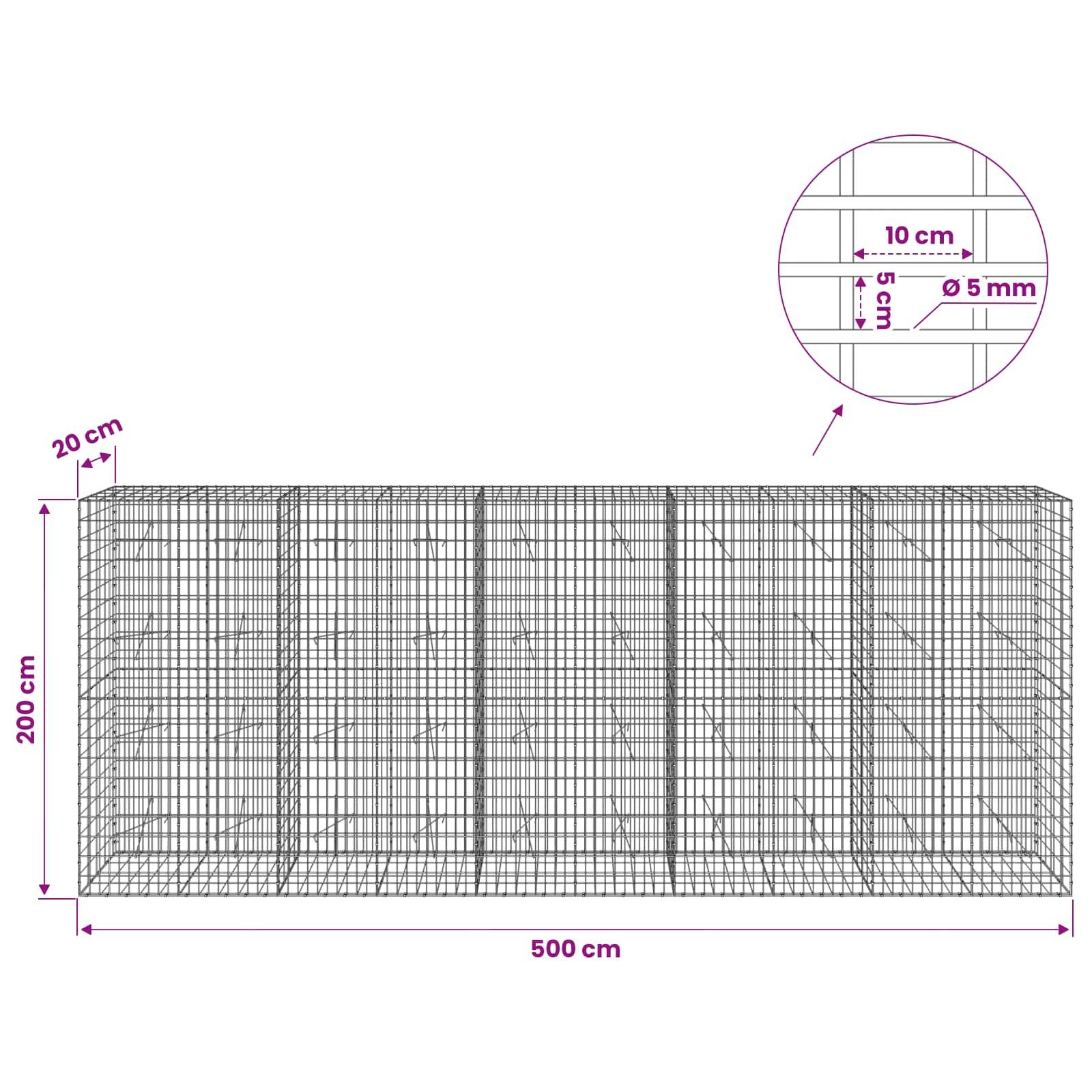 Technisches Diagramm eines Drahtgitters mit den Abmessungen 500 cm × 200 cm, 20 cm Tiefe, 10 cm Maschenweite und 5 mm Drahtdurchmesser.