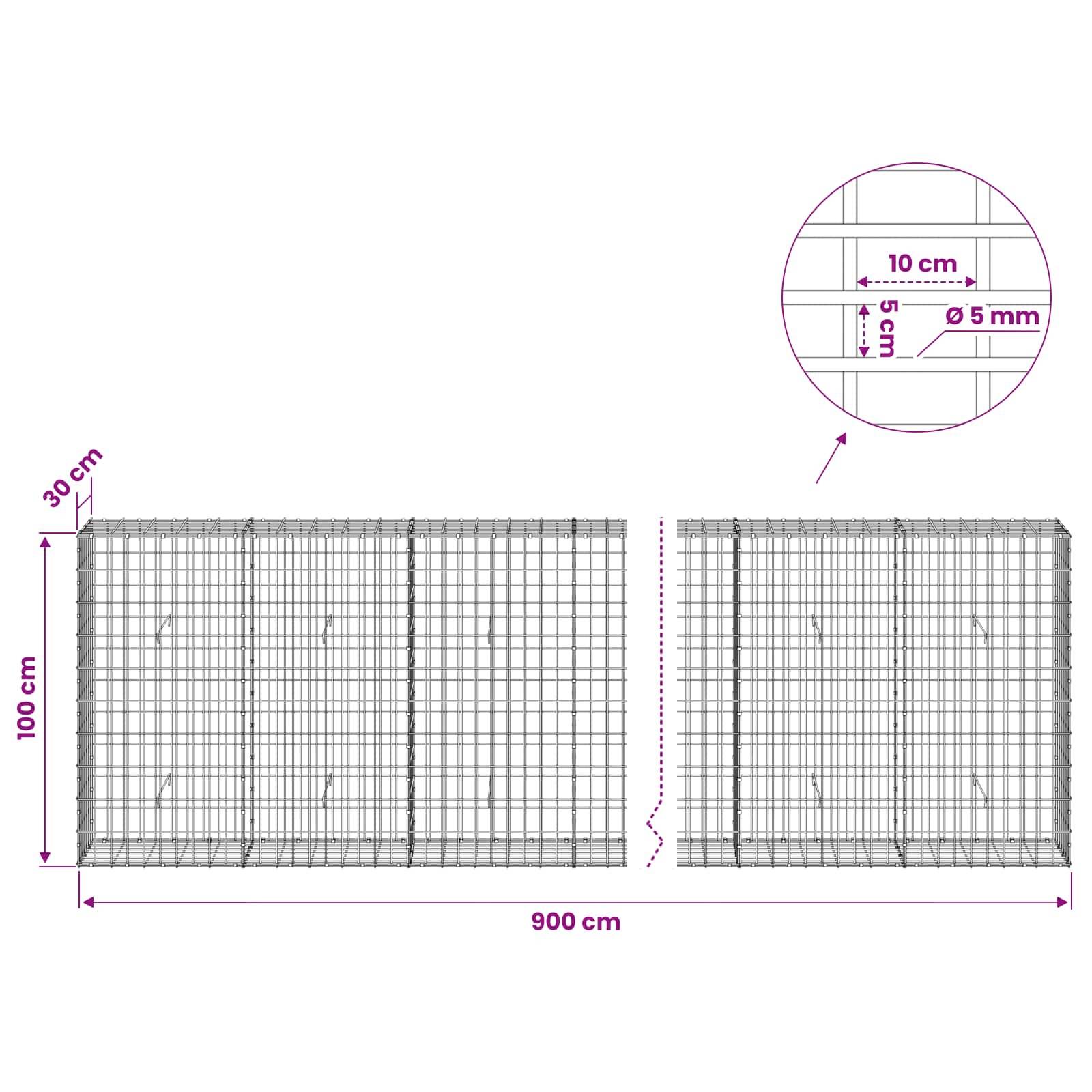 Diagramm einer Drahtnetzbarriere mit einer Gesamtgröße von 900 cm Breite mal 100 cm Höhe, mit 30 cm oberer Tiefe und einem 5-mm-Drahtgitter; Detailansicht vergrößert 10 cm mal 5 cm Abstände.
