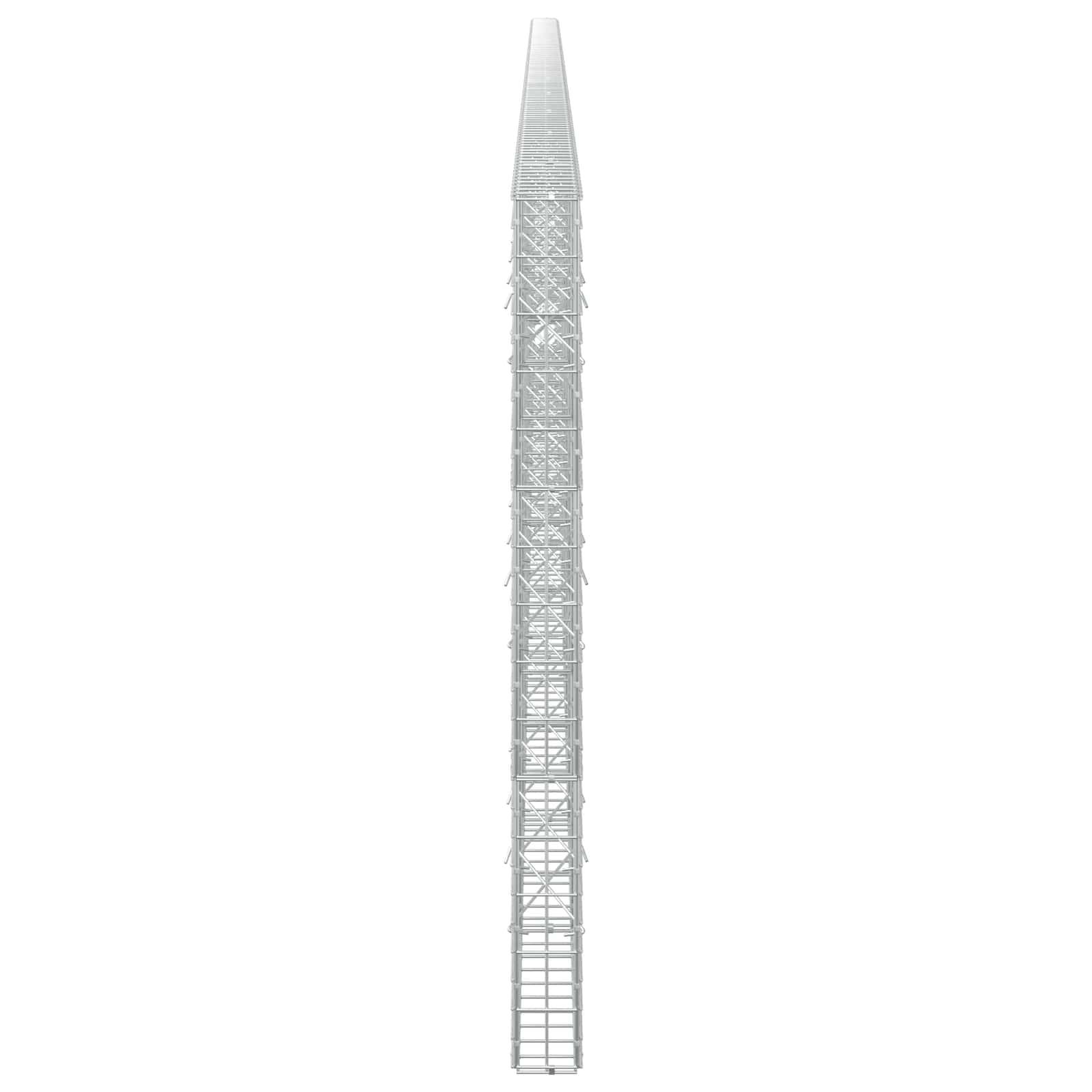 Hoher schmaler Metallturm oder Mast von unten betrachtet, zentriert auf einem weißen Hintergrund.