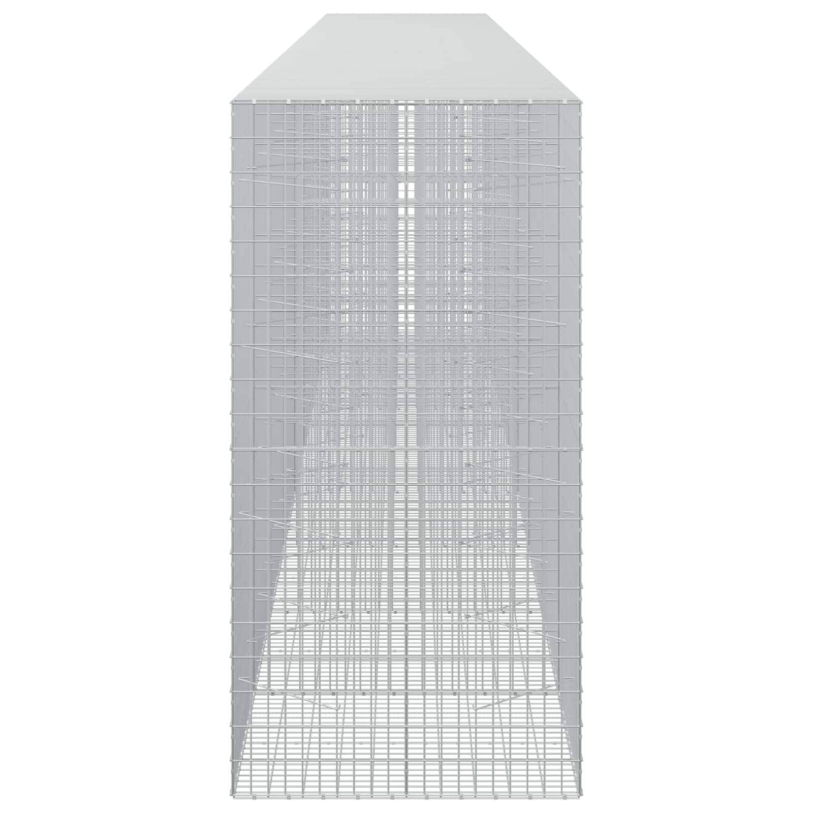 Eine hohe, schmale 3D-Grau-Drahtgitterstruktur oder ein Käfig, von vorne auf weißem Hintergrund betrachtet.