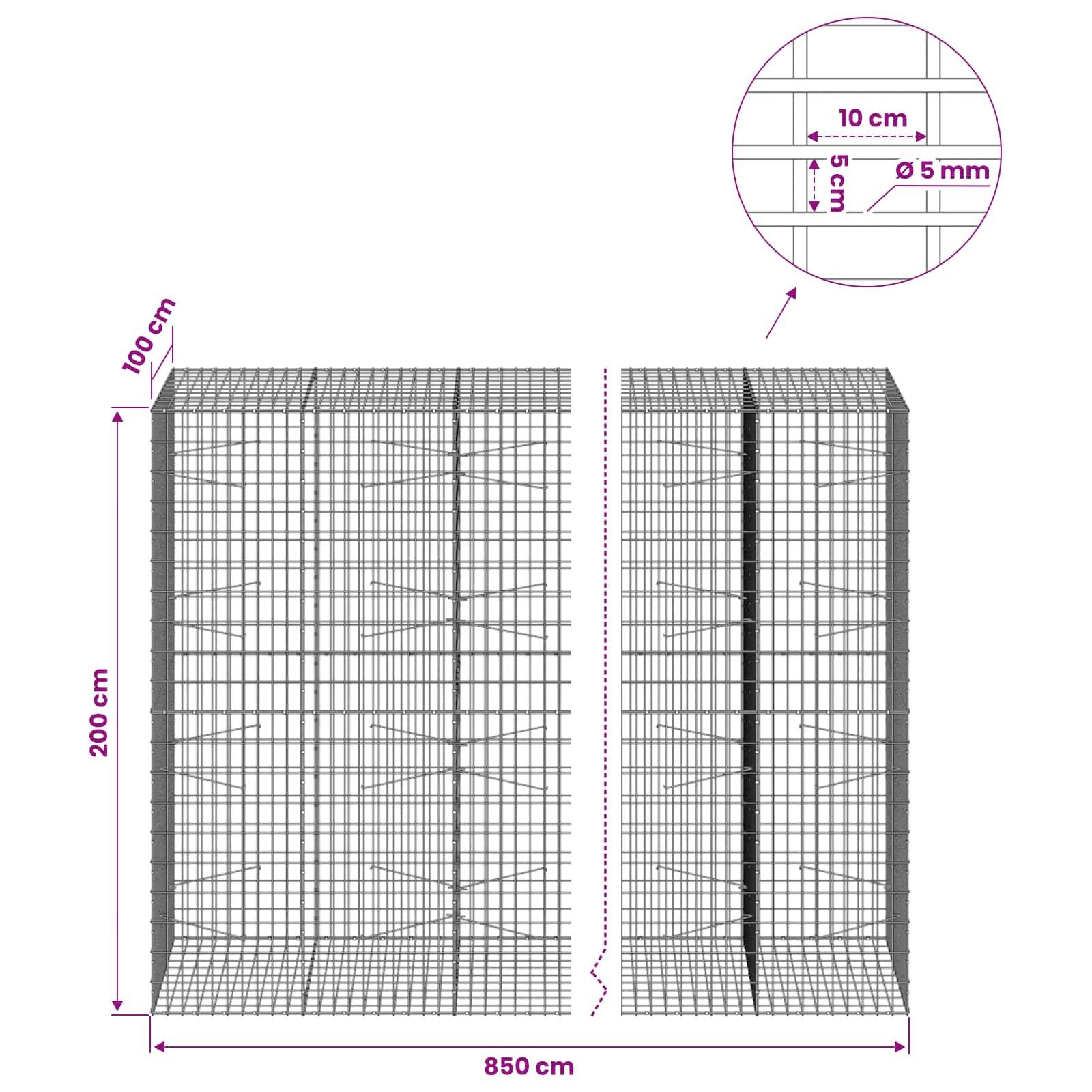 Technische Zeichnung eines Drahtgitter-Gabionenkastens mit den Abmessungen 200 cm Höhe, 850 cm Breite und 100 cm Tiefe, mit 10 cm Gittermaschung und 5 mm Drahtdurchmesser.