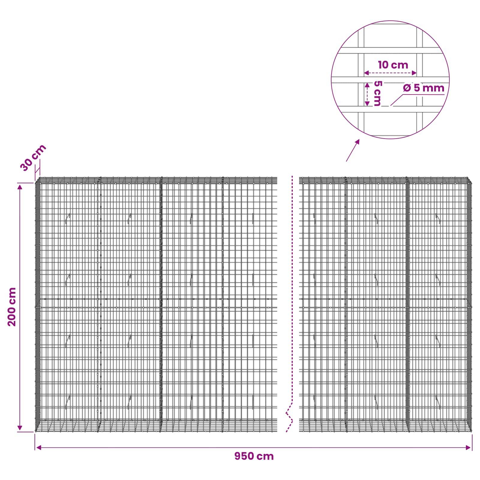 Technisches Diagramm eines Drahtgitterpanels mit einer Gesamtbreite von 950 cm, Höhe von 200 cm, Tiefe von 30 cm und einer Detailansicht, die einen Abstand von 10 cm mit einem Drahtdurchmesser von 5 mm anzeigt.