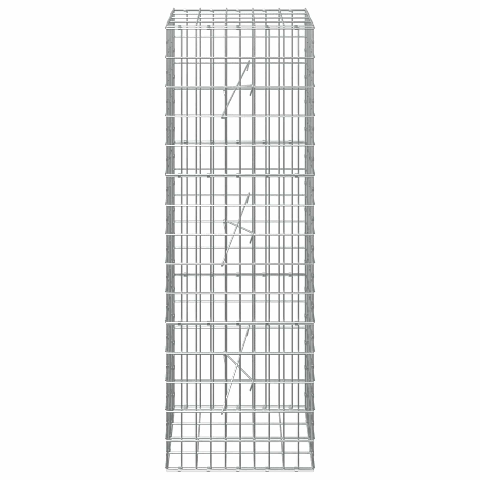 Hohler rechteckiger Metallmaschendrahtkäfig oder Verstärkungsrahmen mit schmalem Sockel und diagonal gekreuzter Mittelmittelstrebe, freigestellt auf weißem Hintergrund.