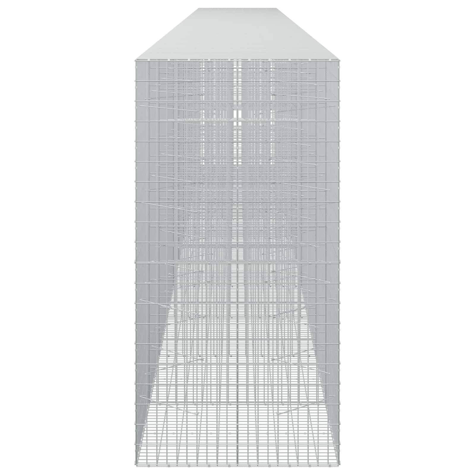 Hohles graues Drahtgitter-Metallgehäuse mit verjüngtem Oberteil und offener Unterseite, dargestellt vor weißem Hintergrund.
