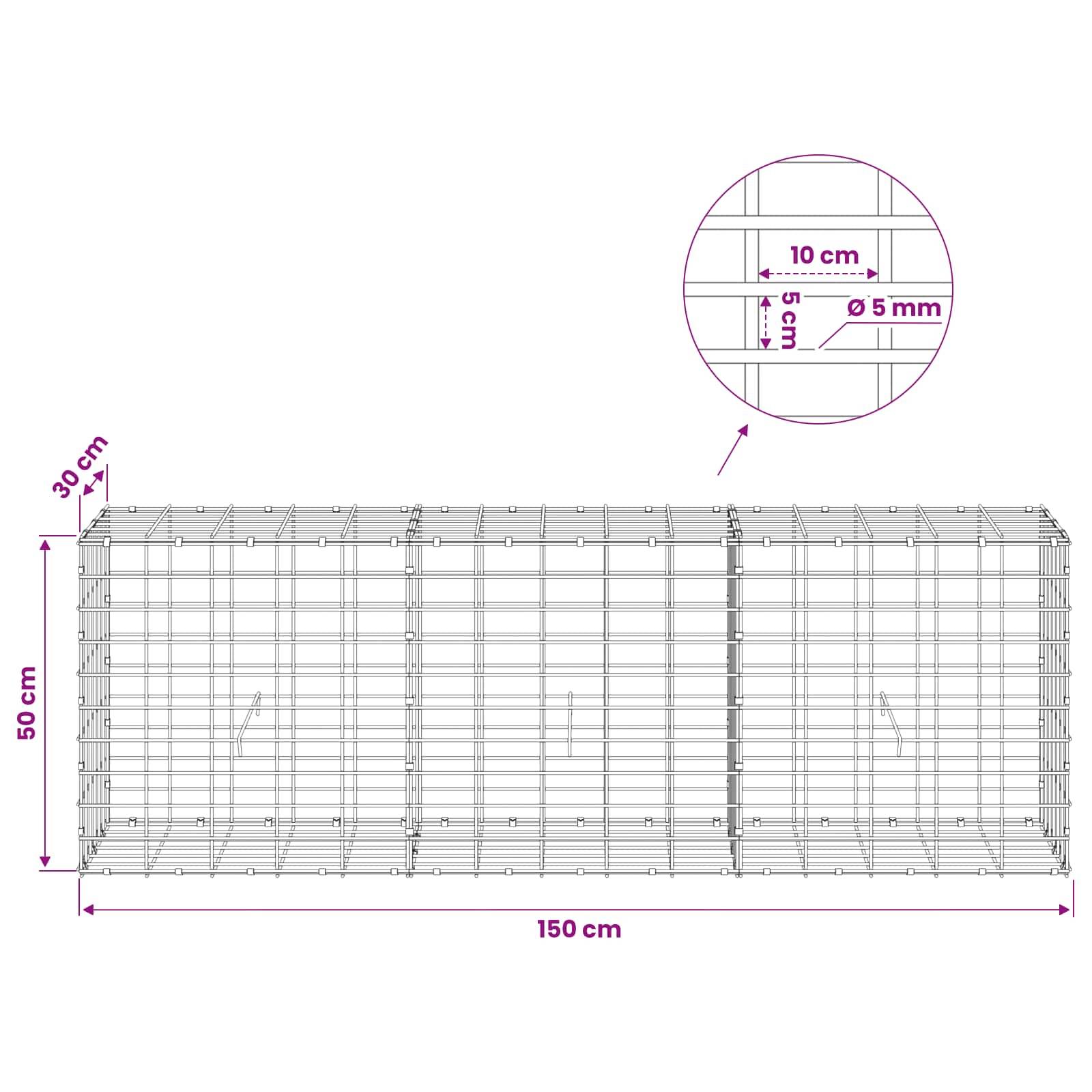 Drahtgitter-Gabionen-Korb-Diagramm mit einem rechteckigen Käfig von 150 cm Länge, 50 cm Höhe, 30 cm Breite, mit 10 cm Öffnungen und 5 mm Draht.