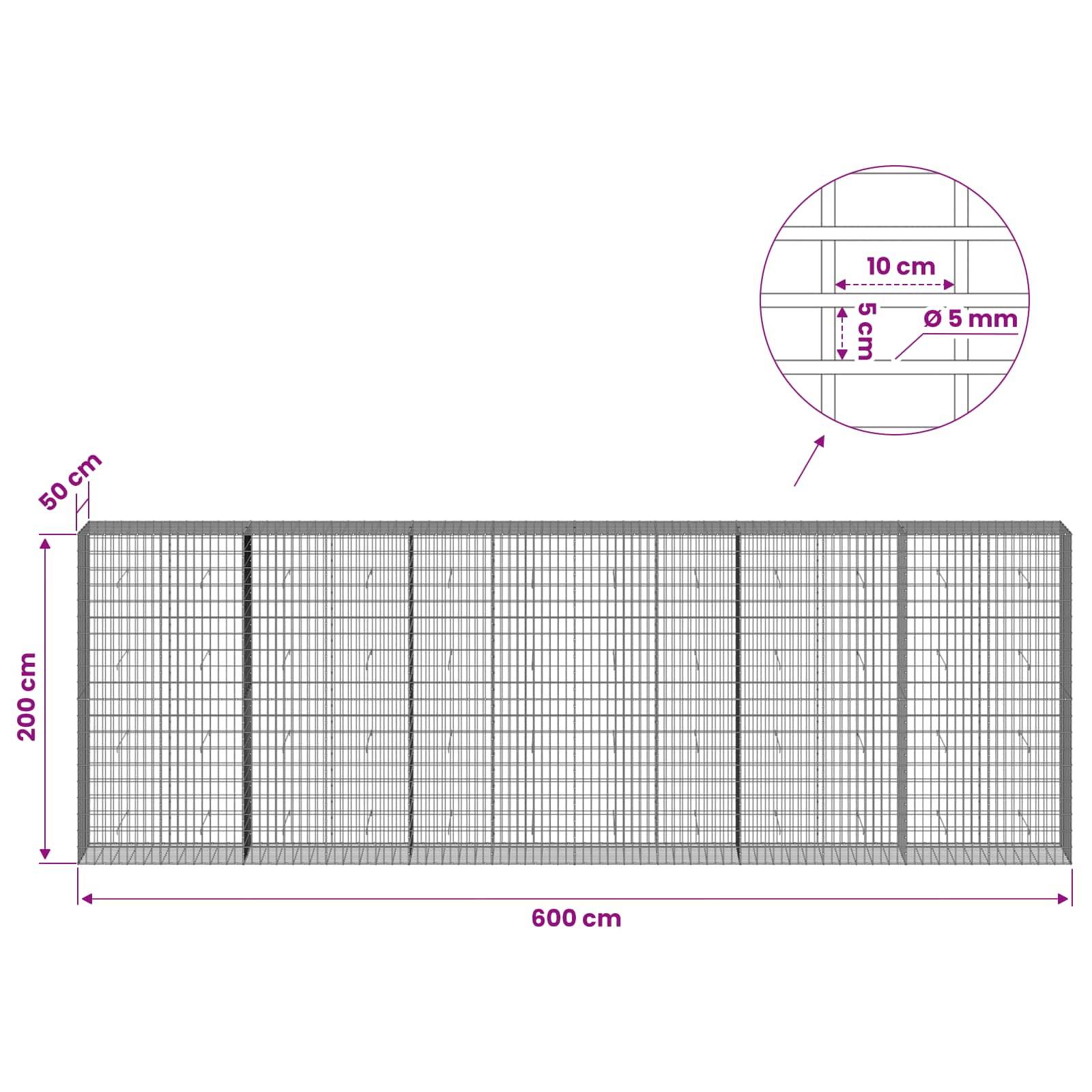 Technische Zeichnung einer Maschendrahtzaunanlage mit einer Gesamtgröße von 600 cm Breite, 200 cm Höhe und 50 cm Tiefe, mit eingefügtem Detail einer Maschenweite von 10 cm und einem Drahtdurchmesser von 5 mm.