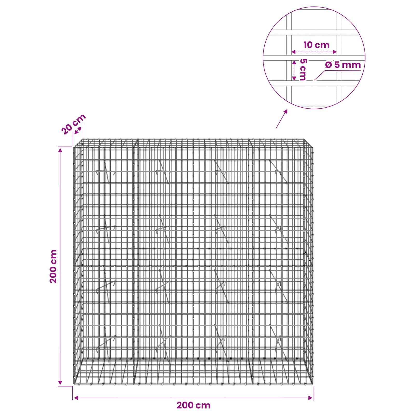 vidaXL Gabion mit 5 mm Draht und 5x10 cm Maschen 200x20x200 cm