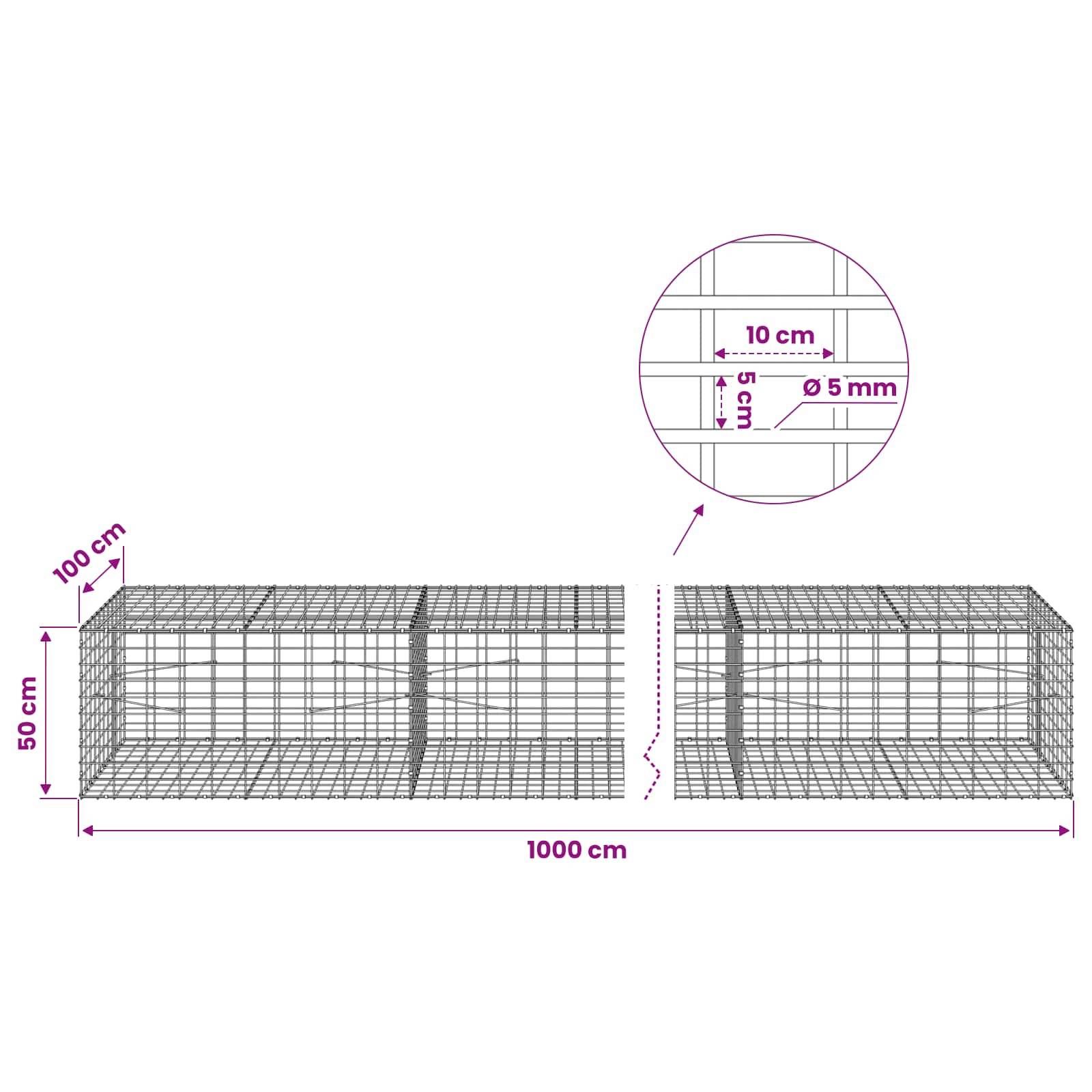 Technisches Diagramm eines Drahtgeflecht-Käfigs mit folgenden Abmessungen: 1000 cm lang, 50 cm hoch, 100 cm tief, mit 10 cm x 5 cm Maschenöffnungen und 5 mm Drahtdurchmesser.