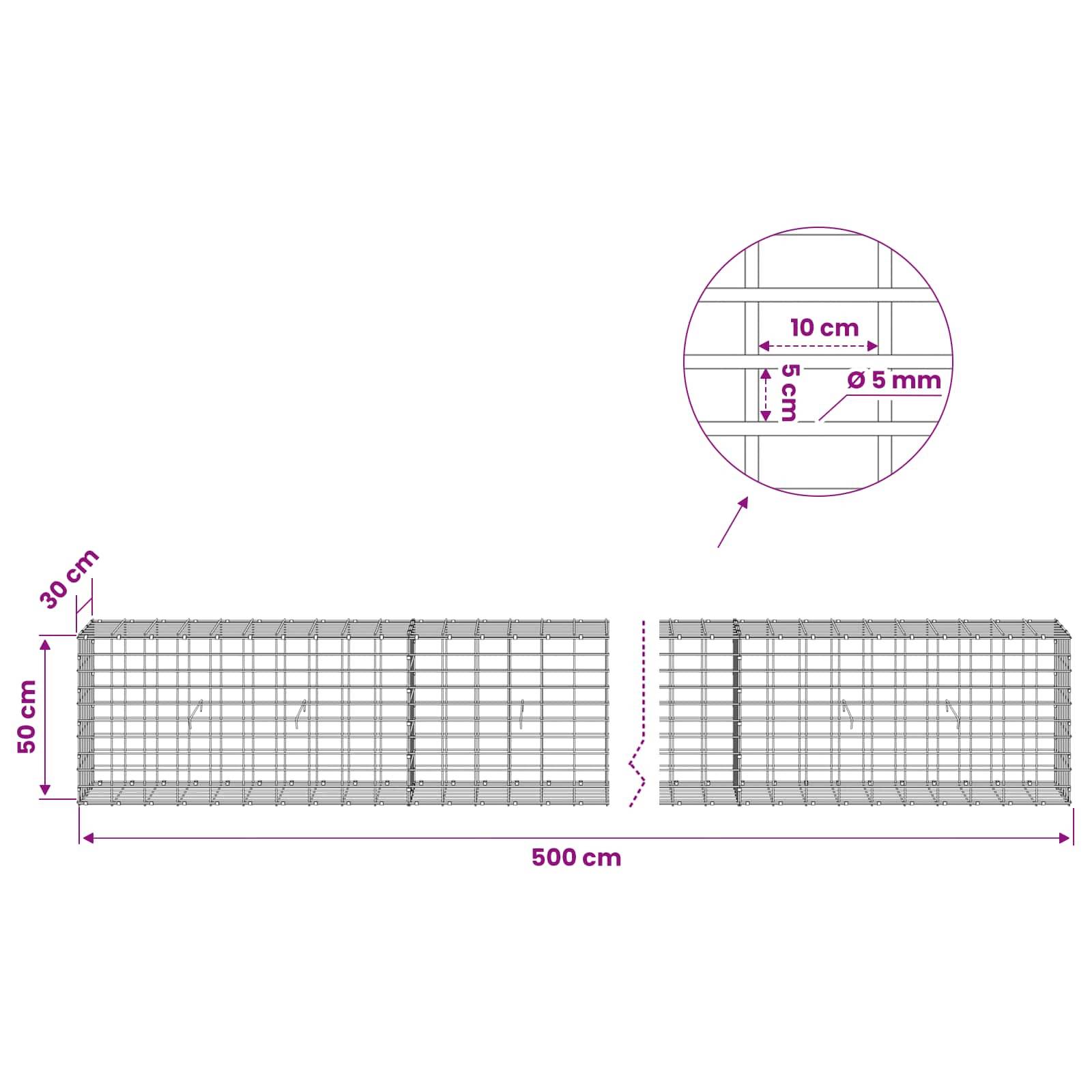 Drahtgeflecht-Paneldiagramm mit einer Gesamtgröße von 500 cm x 50 cm, mit 30 cm Überlappung und vergrößerter Detailansicht eines 10 cm x 5 cm Gittermaßes und 5 mm Drahtdurchmesser.