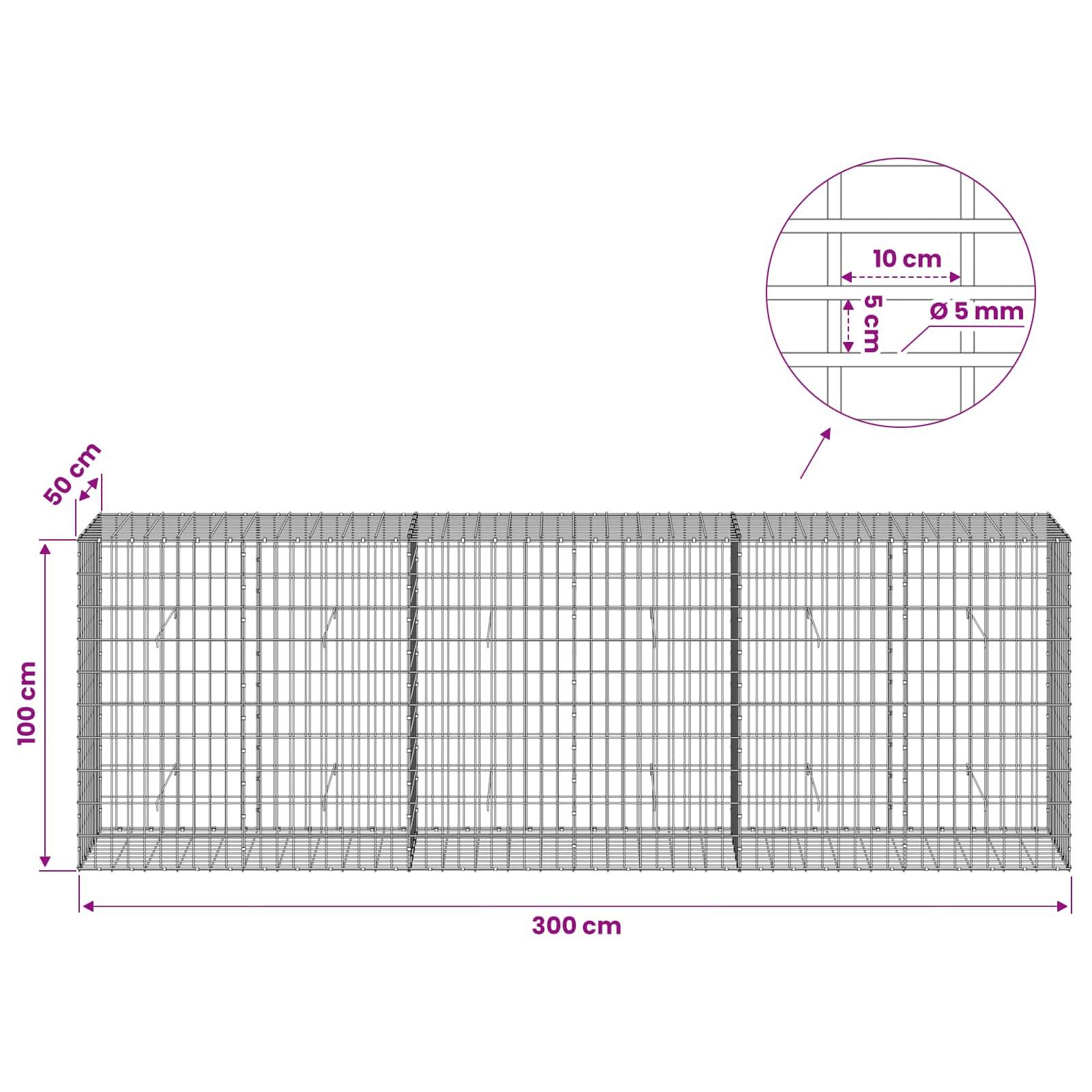 Drahtgitterkäfig-Diagramm mit Abmessungen: 300 cm lang, 100 cm hoch, 50 cm tief, mit Detailausschnitt von 10 cm Maschenweite und 5 mm Drahtdurchmesser.