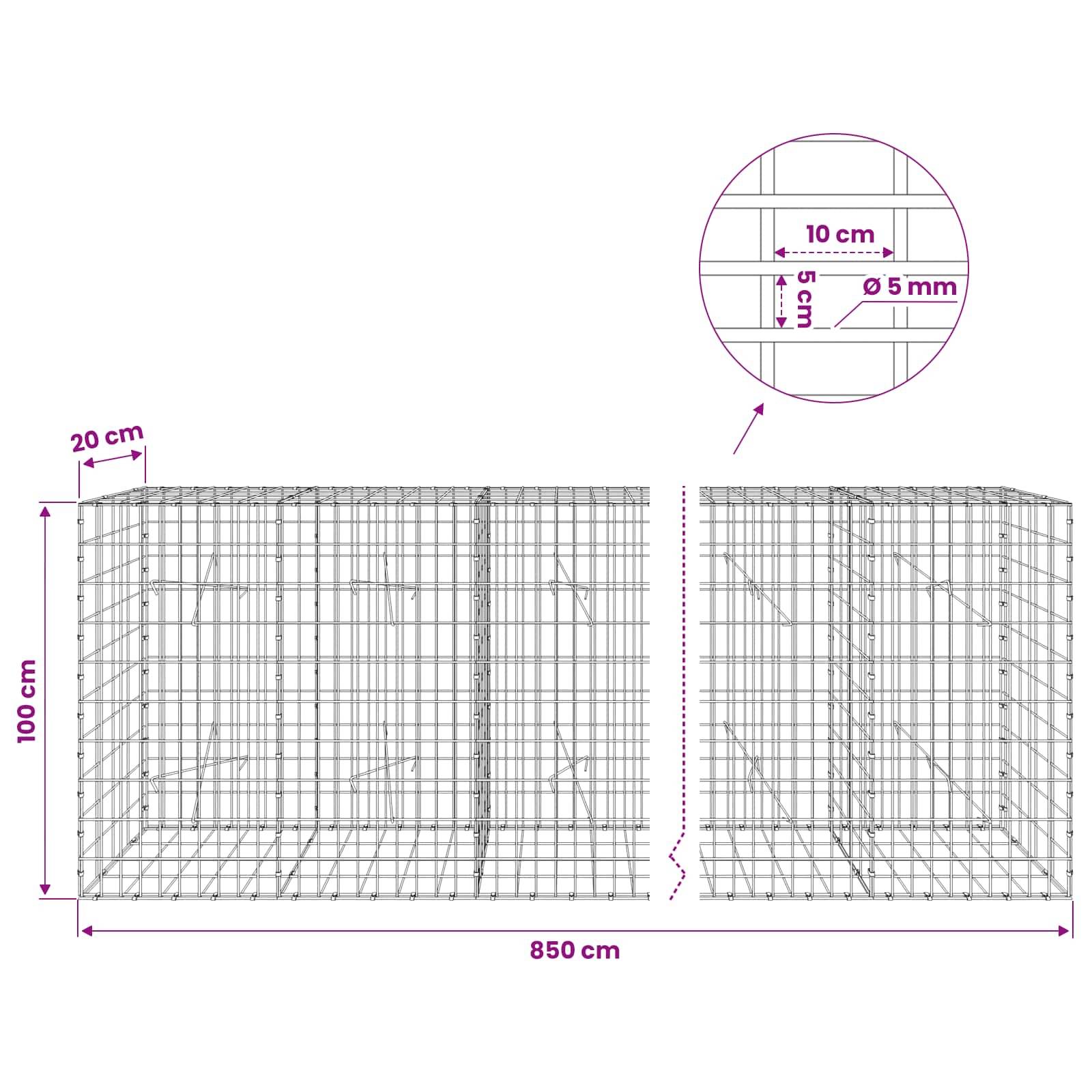 Drahtgitterdiagramm mit Abmessungen: 850 cm lang, 100 cm hoch, 20 cm Tiefe. Detailansicht zeigt Maschenweite 10 cm x 5 cm mit 5 mm Drahtdurchmesser.
