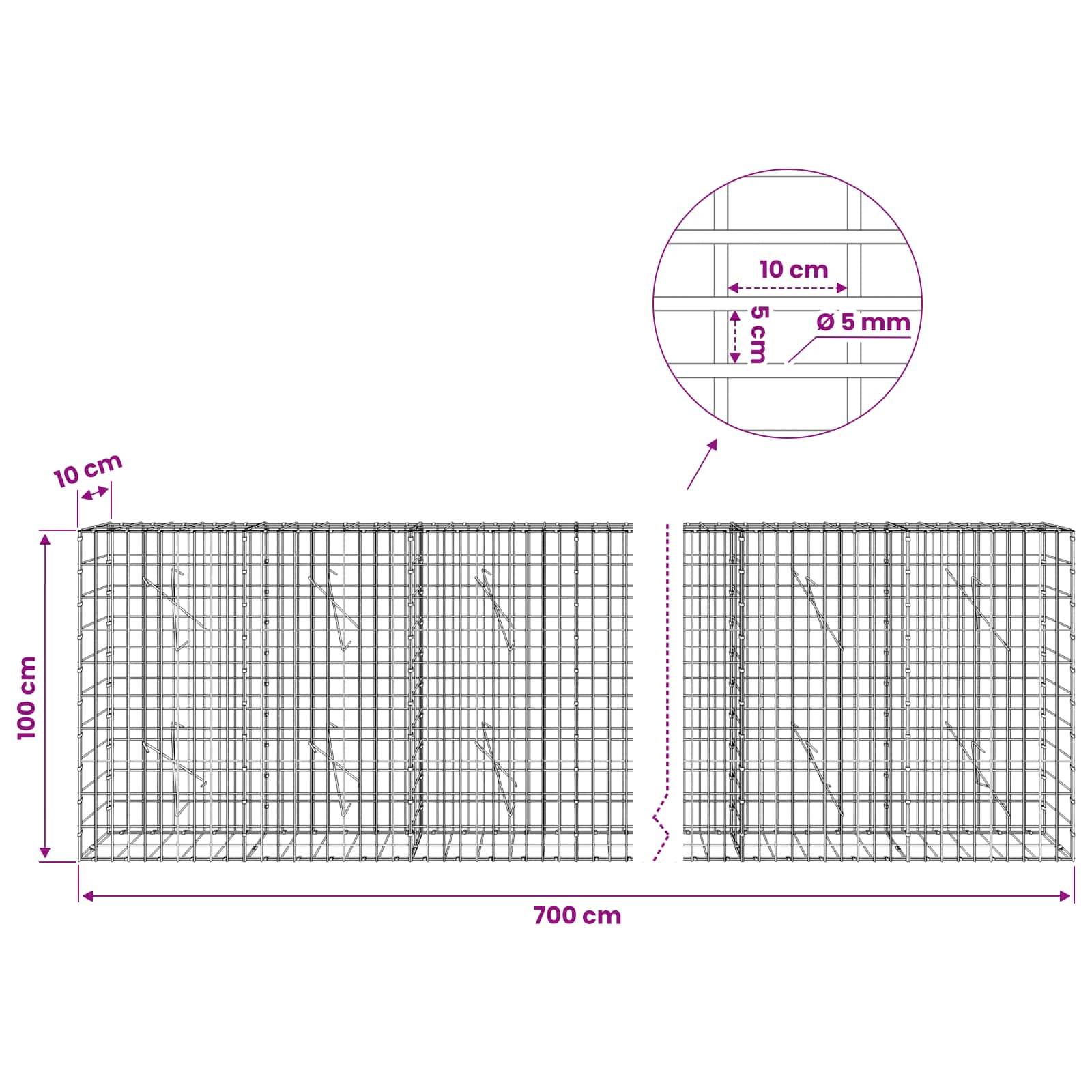Technisches Diagramm von Drahtgitterpaneelen mit einer Gesamtgröße von 700 cm mal 100 cm, mit 10 cm Abstand und Detailausschnitt des Drahtdurchmessers von 5 mm.