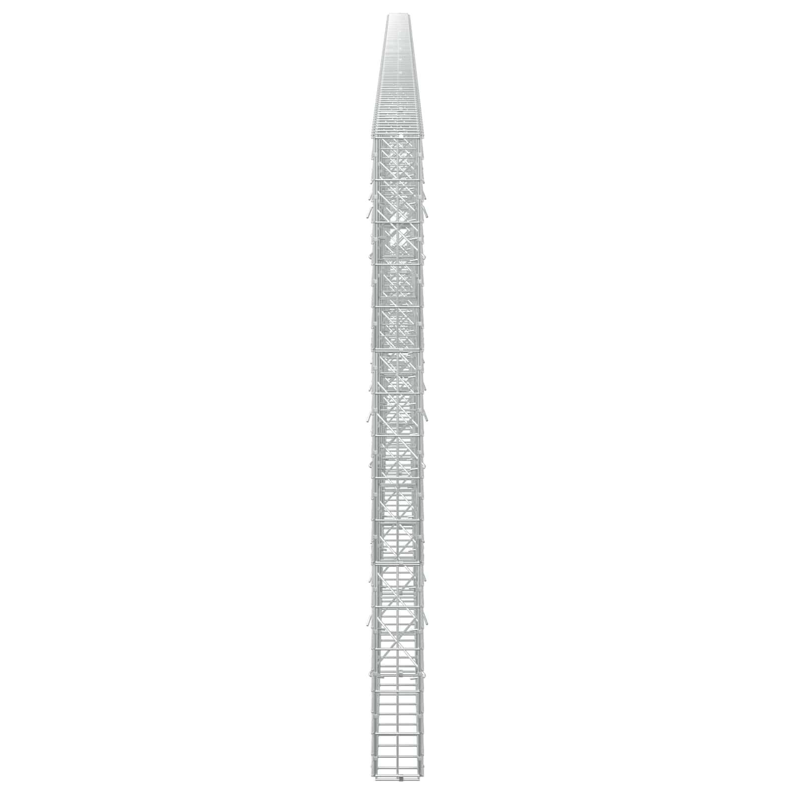 Hoher schmaler Metallturm oder Antennenstruktur vor weißem Hintergrund gezeigt.