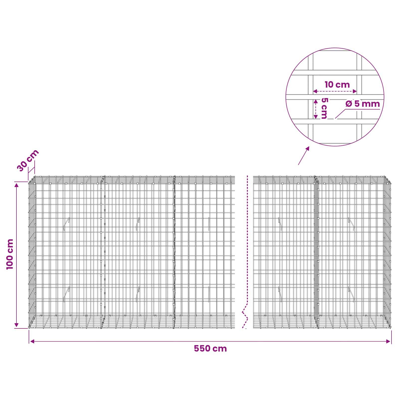 Technisches Diagramm eines Drahtgitter-Zaun panels mit Gesamtgröße 550 cm Breite mal 100 cm Höhe, 30 cm Tiefe, mit Nahaufnahme des 10 cm Abstands und 5 mm Drahtdurchmesser.