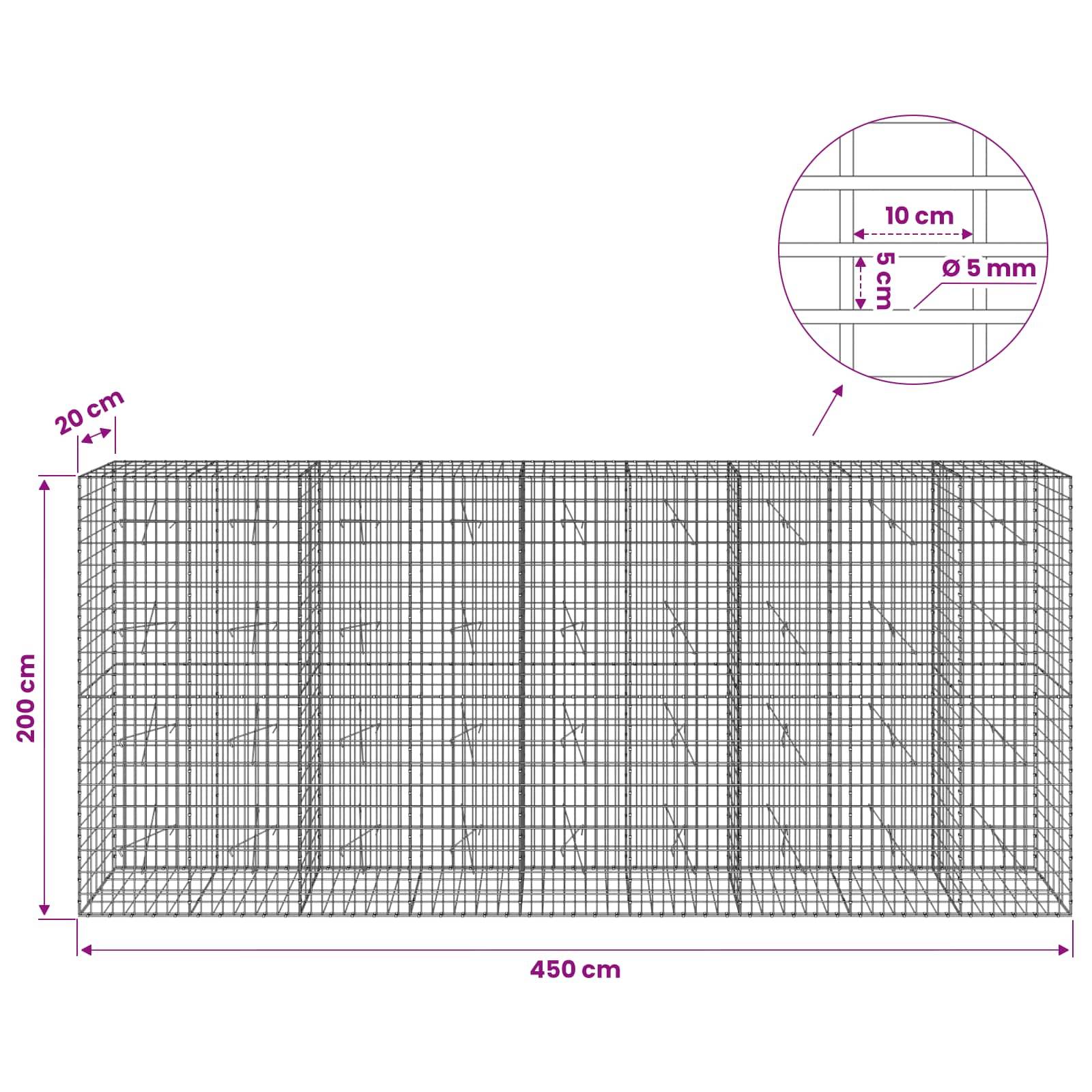 Drahtgeflecht-Schanzkorb-Wanddiagramm, das einen 450 cm breiten, 200 cm hohen, 20 cm tiefen Käfig mit 10 cm x 5 cm Maschenöffnungen und 5 mm Drahtdicke zeigt.