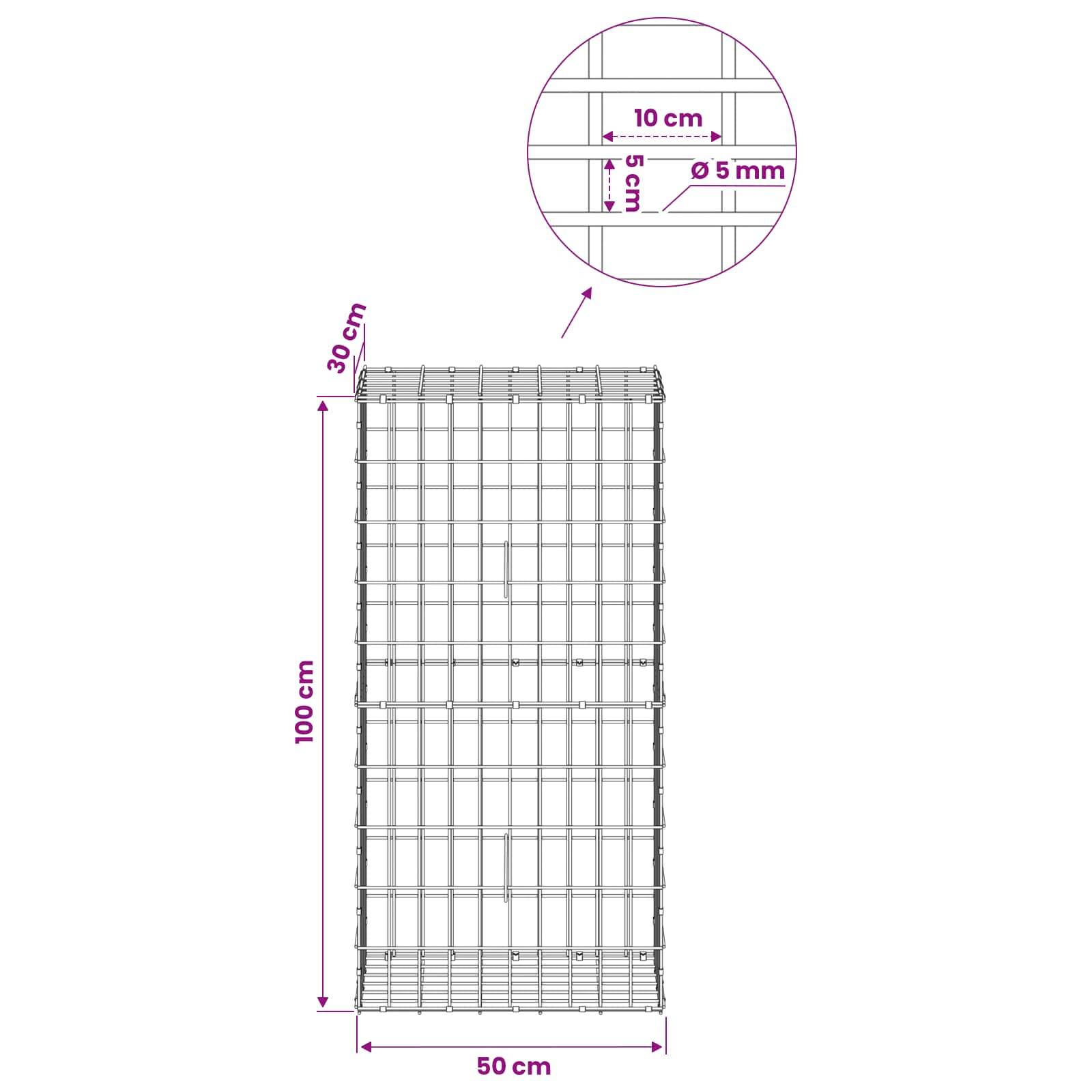 Drahtgitterpanel-Diagramm mit Abmessungen: 100 cm Höhe, 50 cm Breite, 30 cm Tiefe, mit 10 cm Gitterabstand und 5 mm Drahtdurchmesser.
