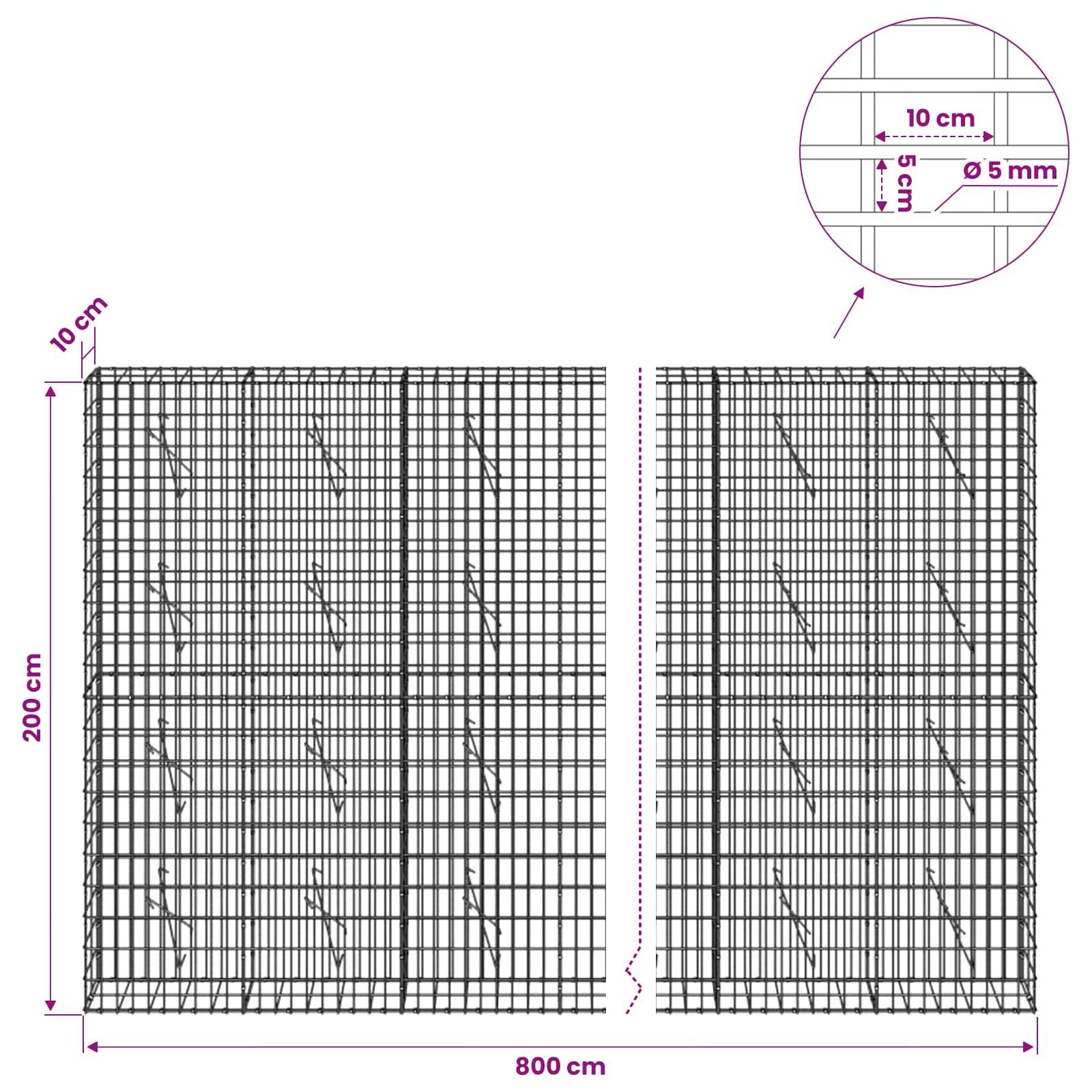 Diagramm zweier Bewehrungsdrahtgitterplatten, die durch einen Spalt getrennt sind, insgesamt 200 cm hoch und 800 cm breit, mit 10 cm und 5 mm Abstandsdetails in Vergrößerung.