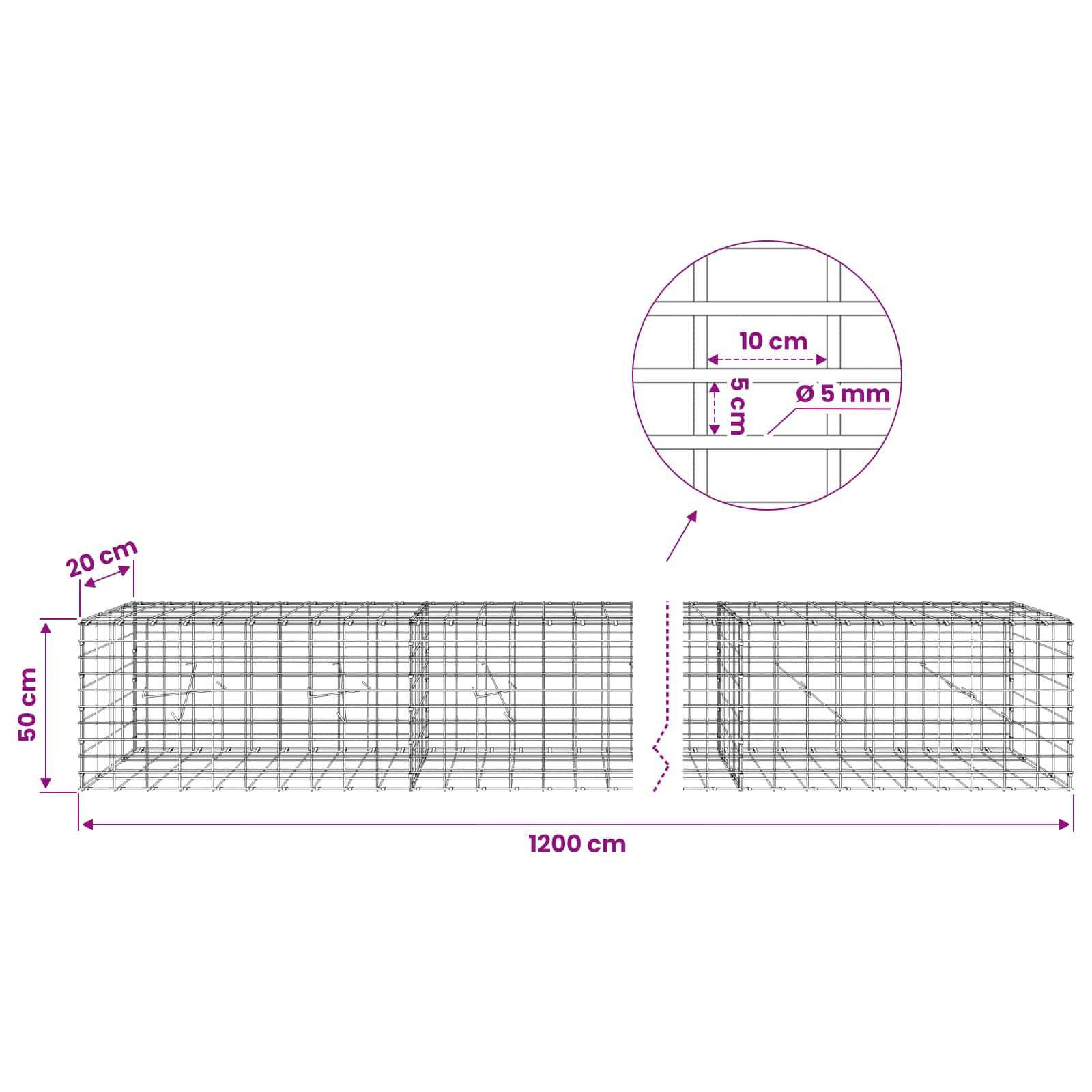 Technisches Diagramm eines langen Drahtgitterkäfigs: 1200 cm lang, 50 cm hoch, 20 cm breit, mit 10 cm × 5 mm Gitterabstand, detailliert dargestellt.