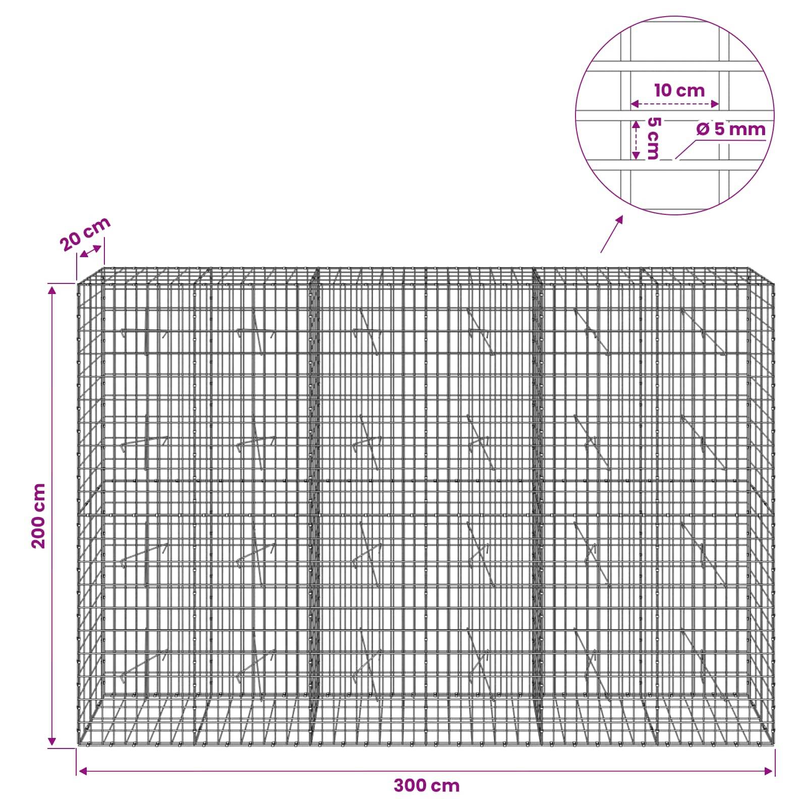 Drahtgitterdiagramm mit Abmessungen: 300 cm breit, 200 cm hoch, 20 cm Tiefe, mit Drahtgeflecht-Maschenweite 10 cm und 5 mm Drahtdurchmesser.