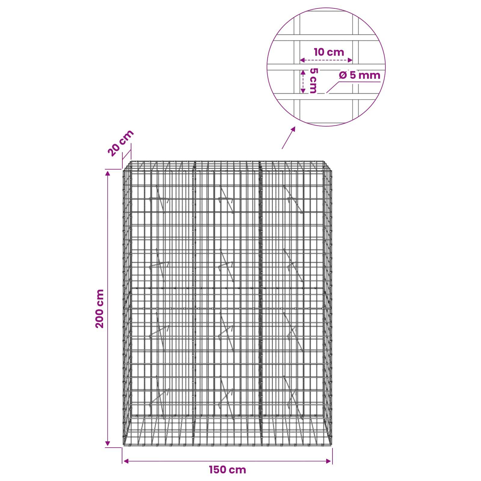 Drahtnetzgehäuse-Diagramm mit Abmessungen: 200 cm Höhe, 150 cm Breite, 20 cm Tiefe, mit 10 cm Gitterabstand und 5 mm Drahtdurchmesser.