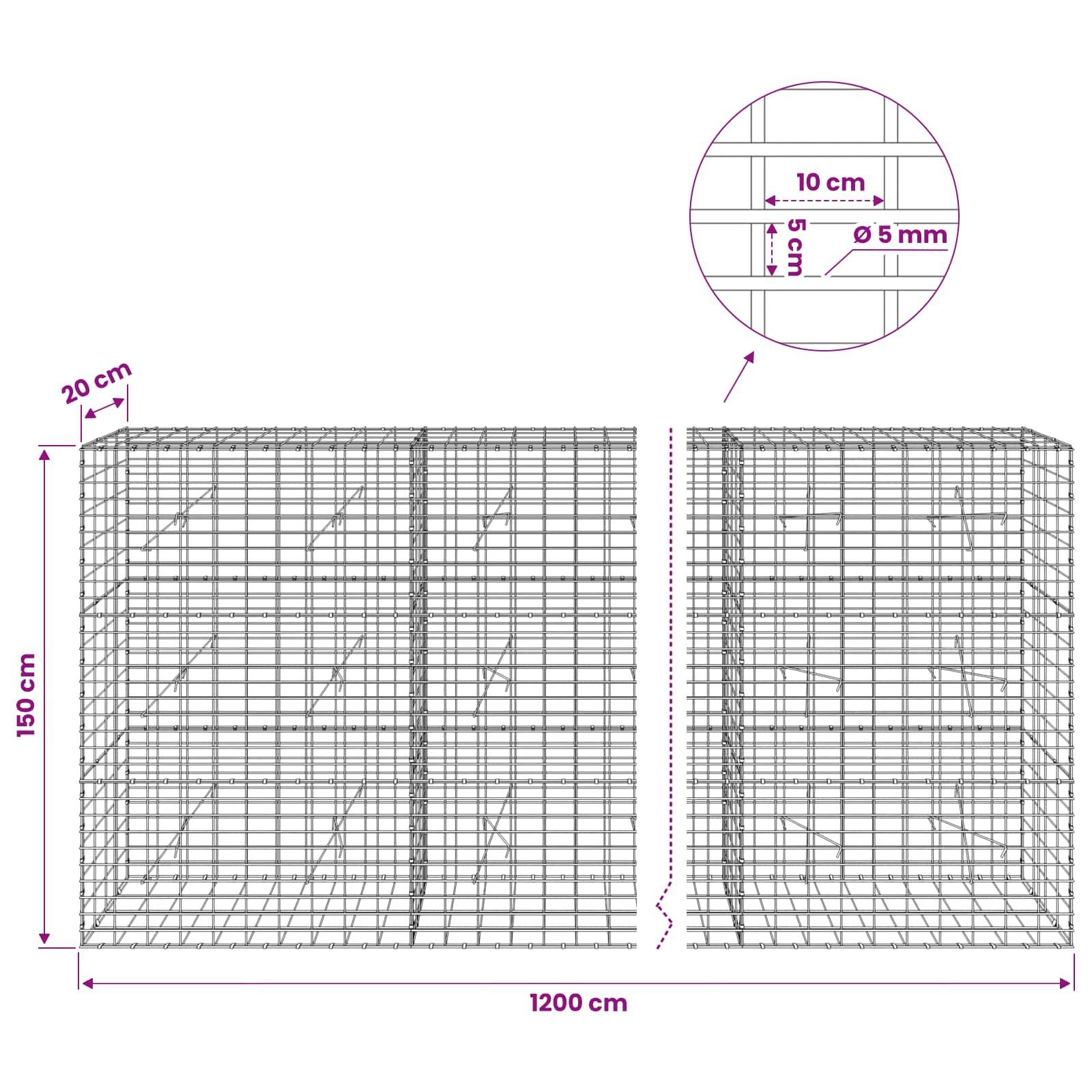 Technisches Diagramm einer Drahtgitter- oder Maschenstruktur, das Abmessungen von 1200 cm Breite und 150 cm Höhe zeigt, mit einer Nahaufnahme von 10 cm x 5 cm Maschenweite und 5 mm Drahtdurchmesser.