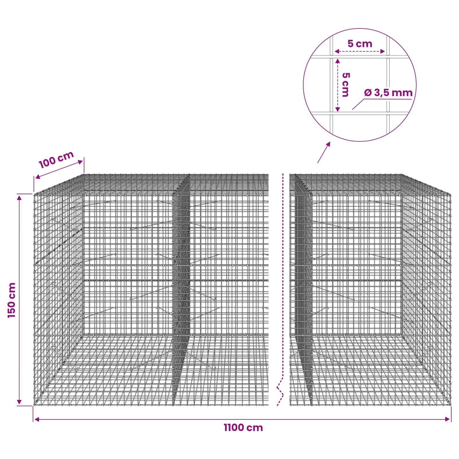 Drahtgitterkäfig-Dimensionsdiagramm mit zwei verbundenen Abteilen: 1100 cm breit, 150 cm hoch, 100 cm tief, mit 5 cm Quadratmasche aus 3,5 mm Draht.