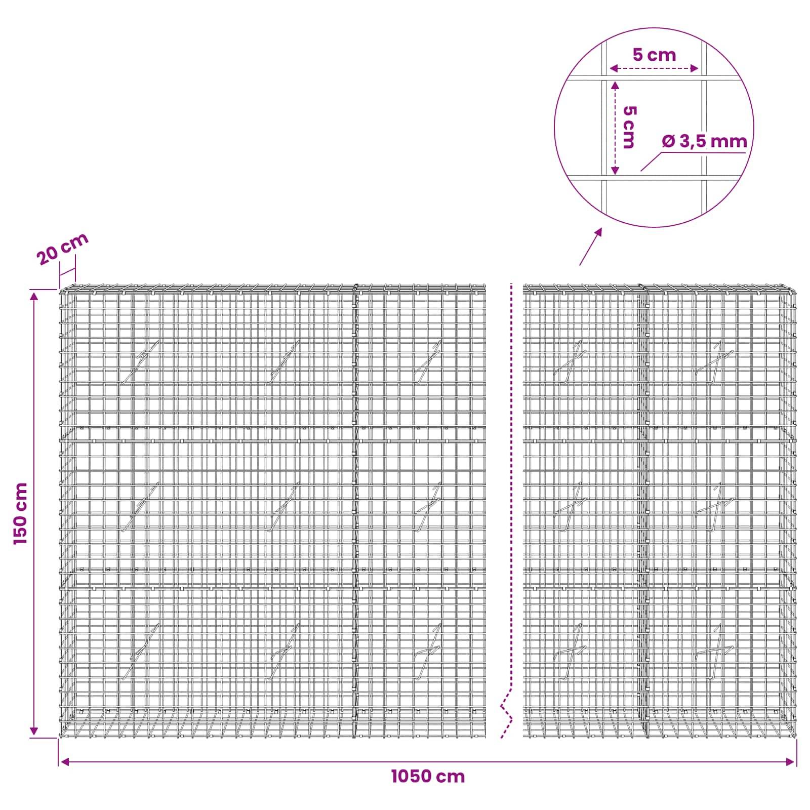 Diagramm eines Drahtgitterpaneels mit den Abmessungen 1050 cm Breite x 150 cm Höhe, mit 5 cm Gitterabstand und 3,5 mm Drahtdurchmesser.