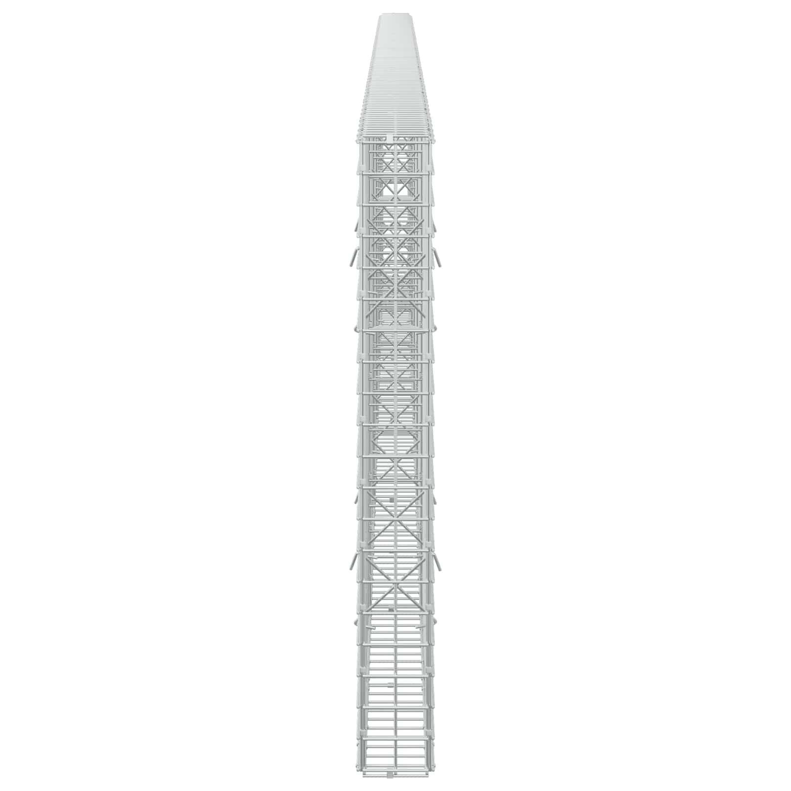 Ein hohes, schmales weißes Metallturm oder turmähnliche Struktur, isoliert auf einem schlichten Hintergrund dargestellt, mit verjüngter Spitze und Gittetkonstruktion.