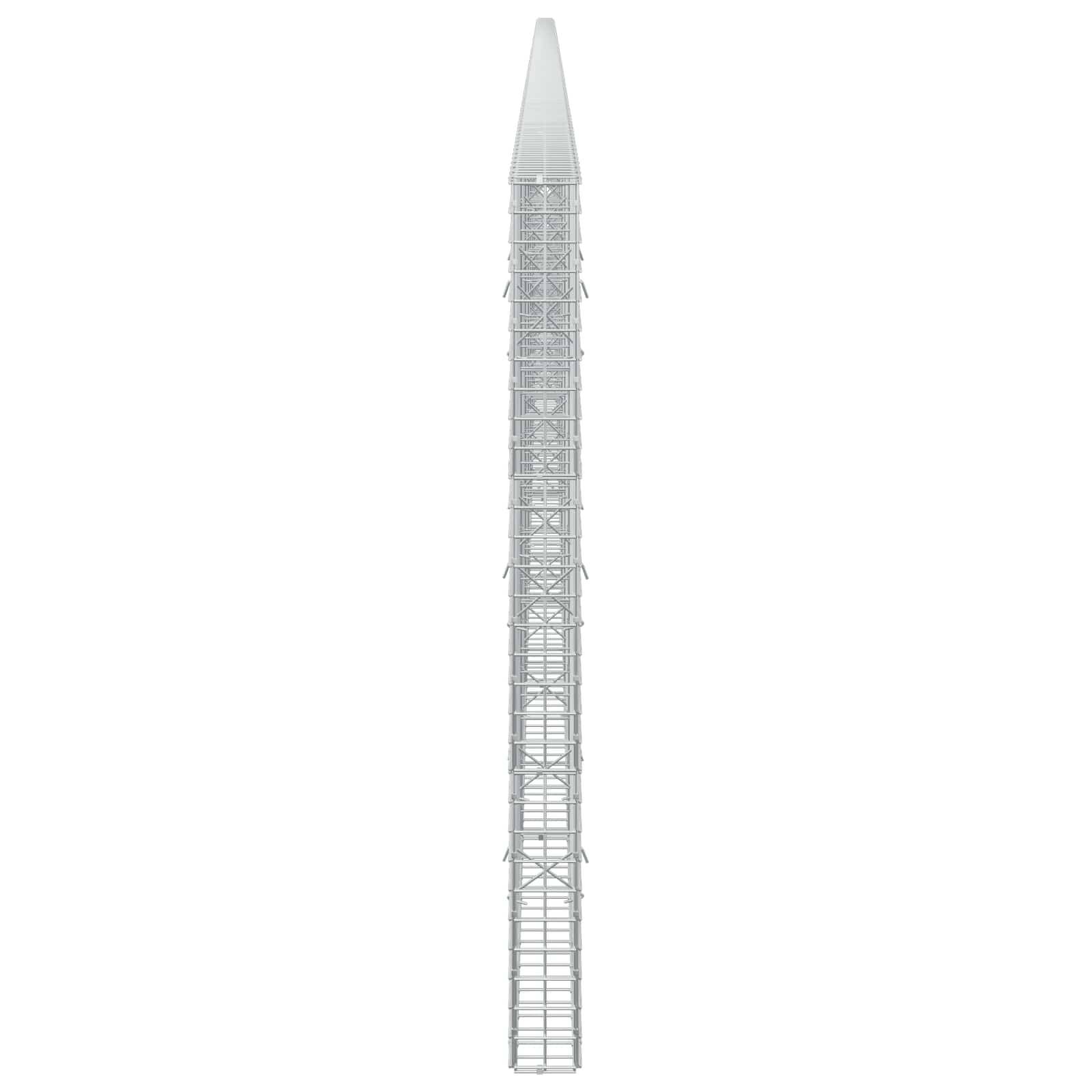 Ein hohes, schmales weißes Gittergittergerüst oder Mast mit spitzer Spitze, dargestellt isoliert auf einfachem Hintergrund.