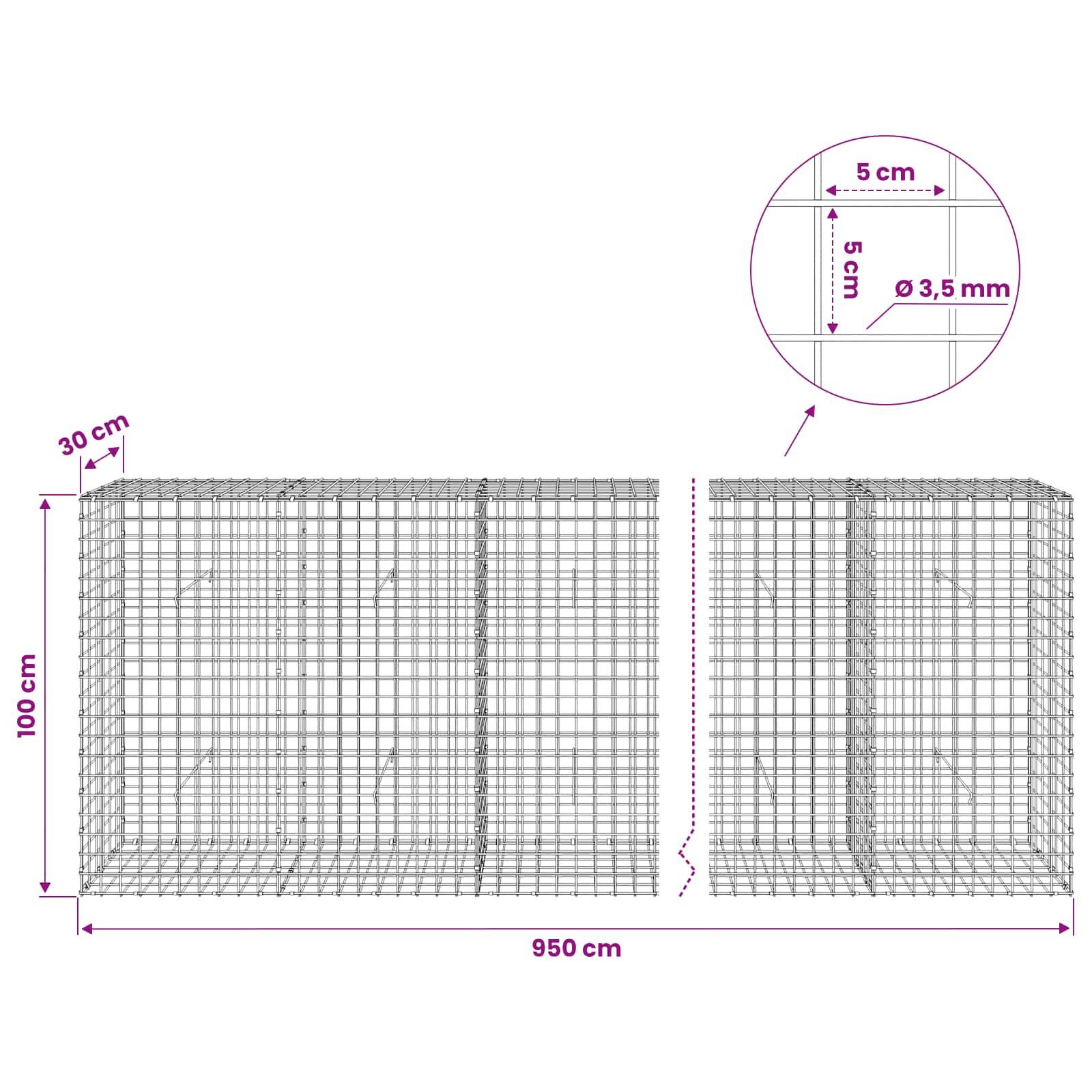 Drahtgitter-Gabionenwand-Diagramm mit einem 950 cm langen, 100 cm hohen, 30 cm tiefen Korb aus 5 cm Maschenweite mit 3,5 mm Draht.