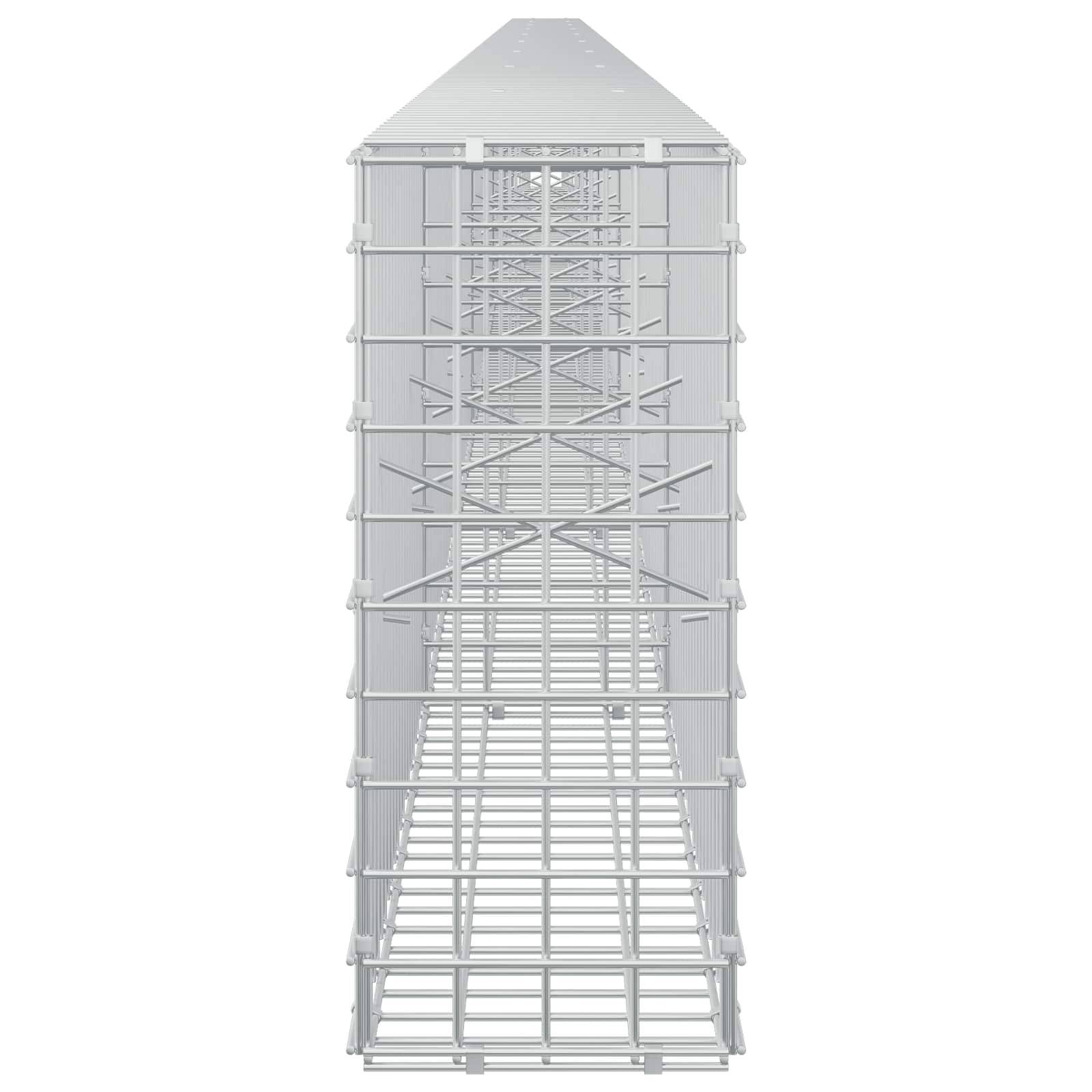 3D-Rendering eines hohen, weißen Industrietürmers mit gestapeltem Rahmenwerk und geneigtem Dach, in Frontalansicht auf weißem Hintergrund dargestellt.