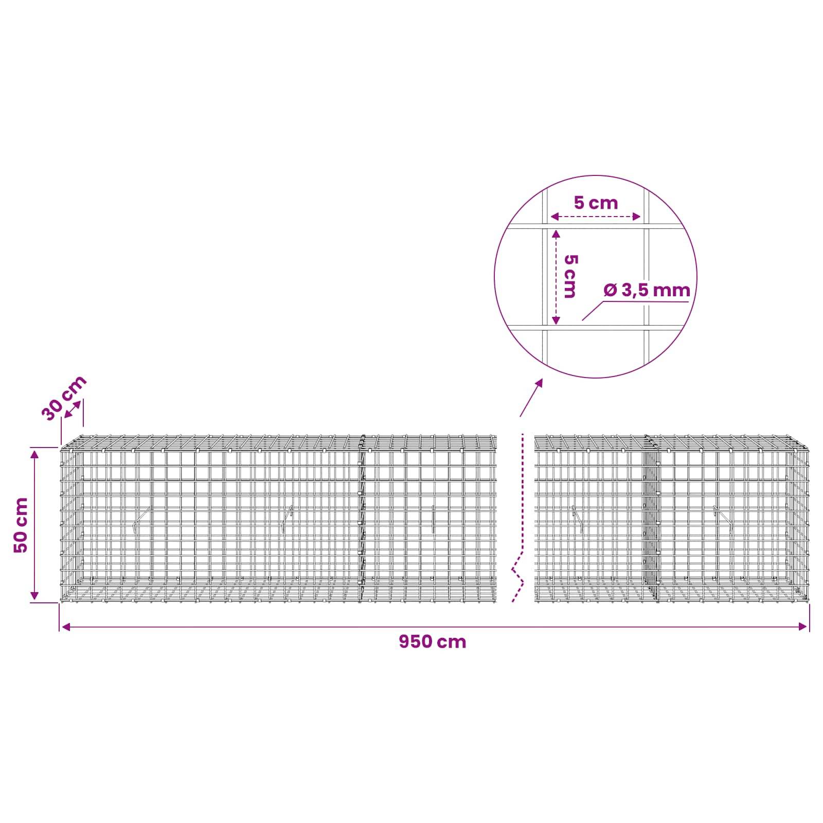 Technisches Diagramm von Drahtgeflecht-Gabionenkörben mit Abmessungen: 950 cm Länge, 50 cm Höhe, 30 cm Tiefe, mit 5 cm Maschenweite und 3,5 mm Drahtdurchmesser.