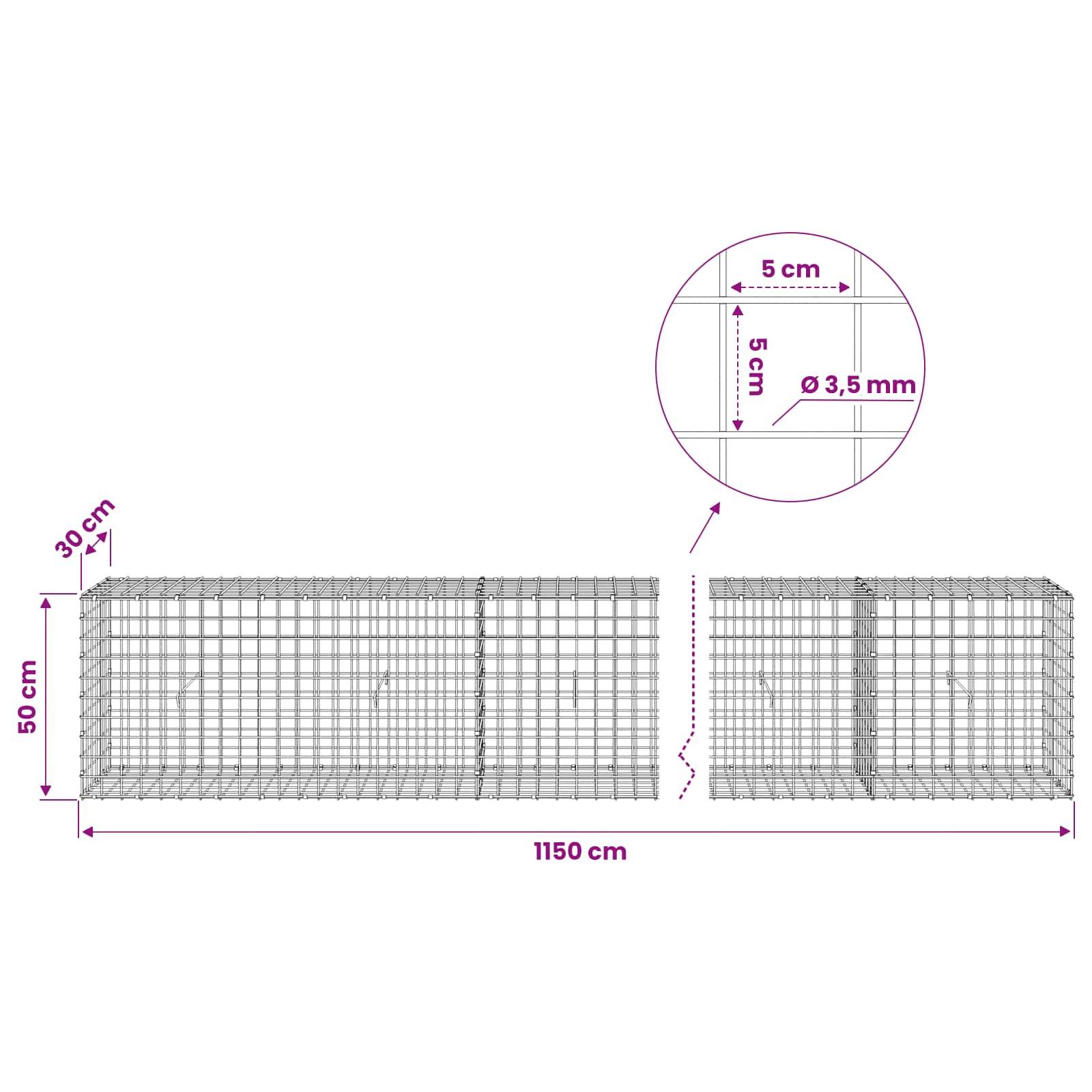 Drahtschottkorb-Diagramm mit einem rechteckigen Maschenkorb, 1150 cm lang, 50 cm hoch, 100 cm tief, mit 5 cm Quadratmasche und 3,5 mm Draht.