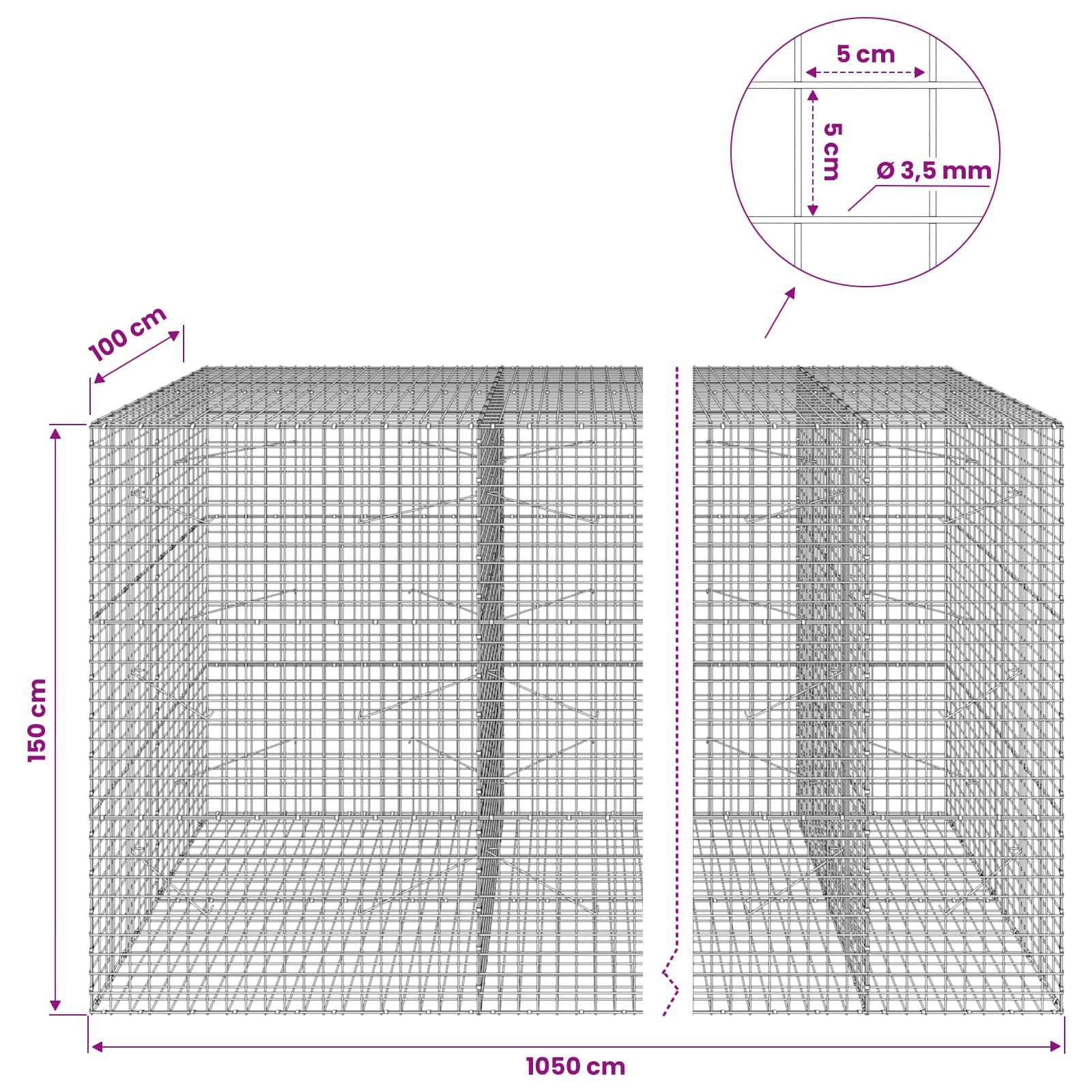 Drahtgitter-Dimensionsdiagramm, das ein rechteckiges Maschengehäuse zeigt, 1050 cm breit, 150 cm hoch und 100 cm tief, mit 5 cm Maschenweite und 3,5 mm Drahtdicke.