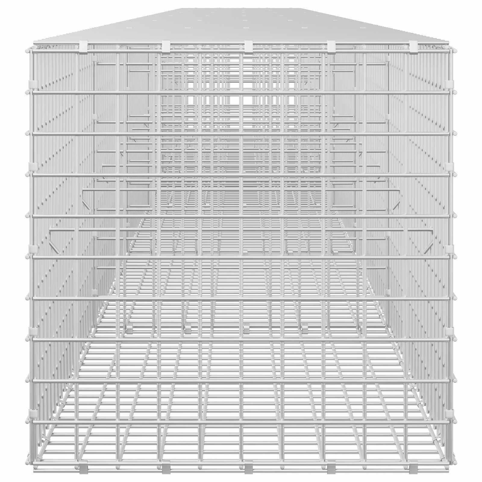 Frontansicht eines großen leeren weißen Drahtkäfigs oder einer Transportbox mit Gitterboden, dargestellt vor einem neutralen Hintergrund.