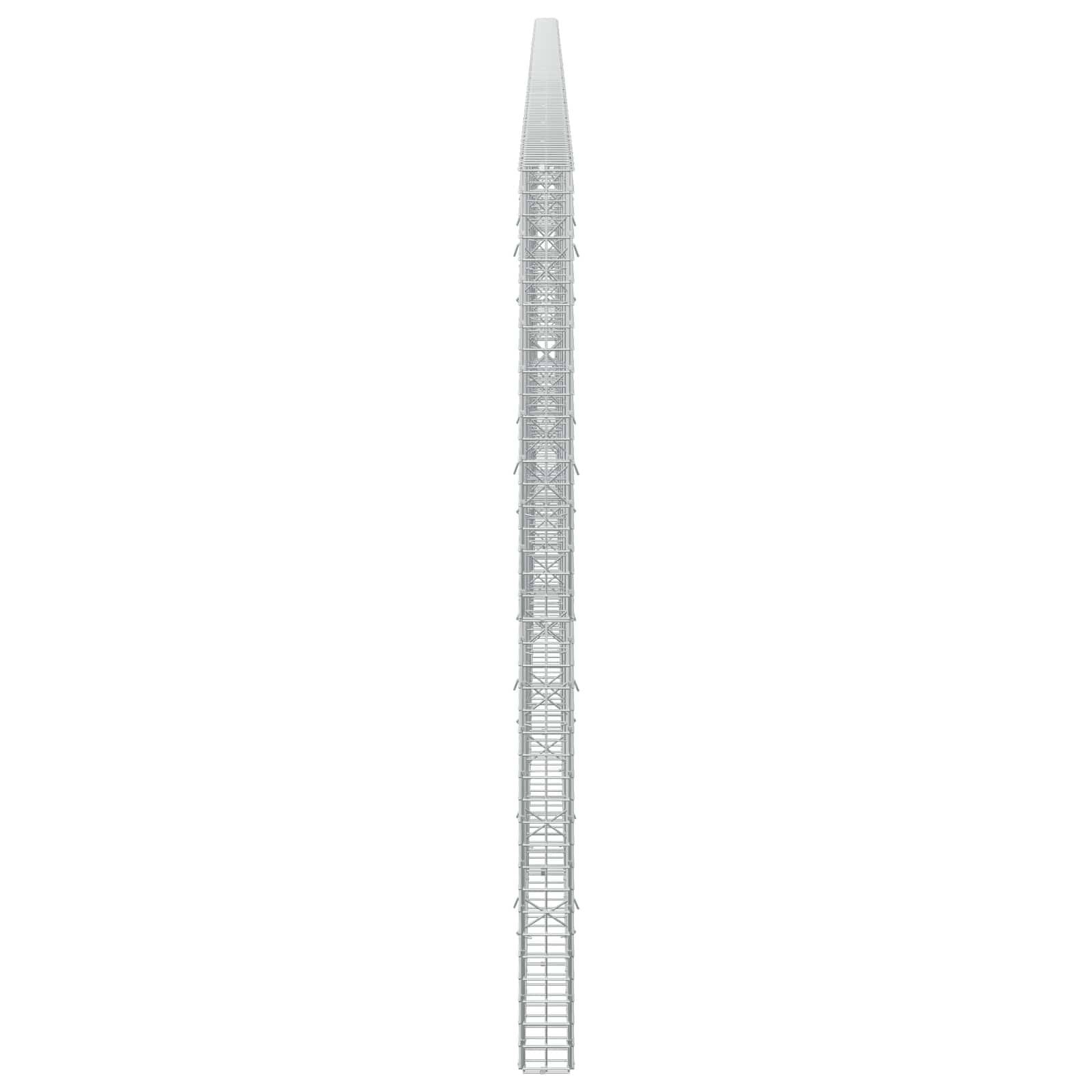 Hoher, schmaler Metallturm oder eine Antenne, die vertikal auf einem schlichten weißen Hintergrund gezeigt wird, mit einer konisch zulaufenden Spitze und einer Gitterstruktur.
