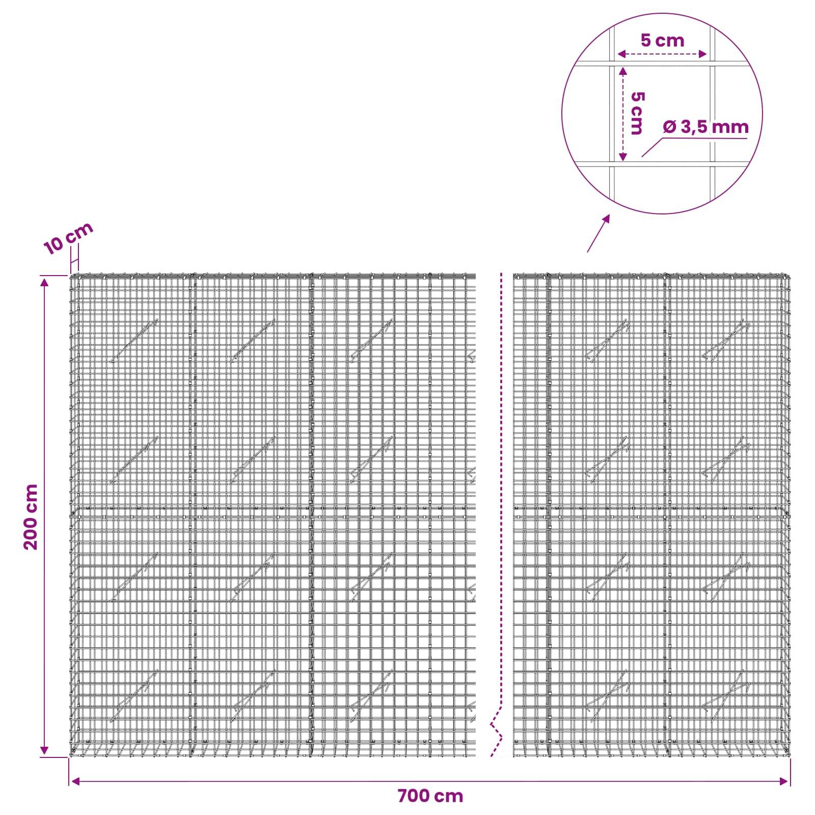 Diagramm von geschweißten Drahtgeflecht-Paneelen mit Abmessungen: 700 cm breit, 200 cm hoch, 10 cm Randabstand und 5 cm quadratische Öffnungen mit 3,5 mm Drahtdurchmesser.