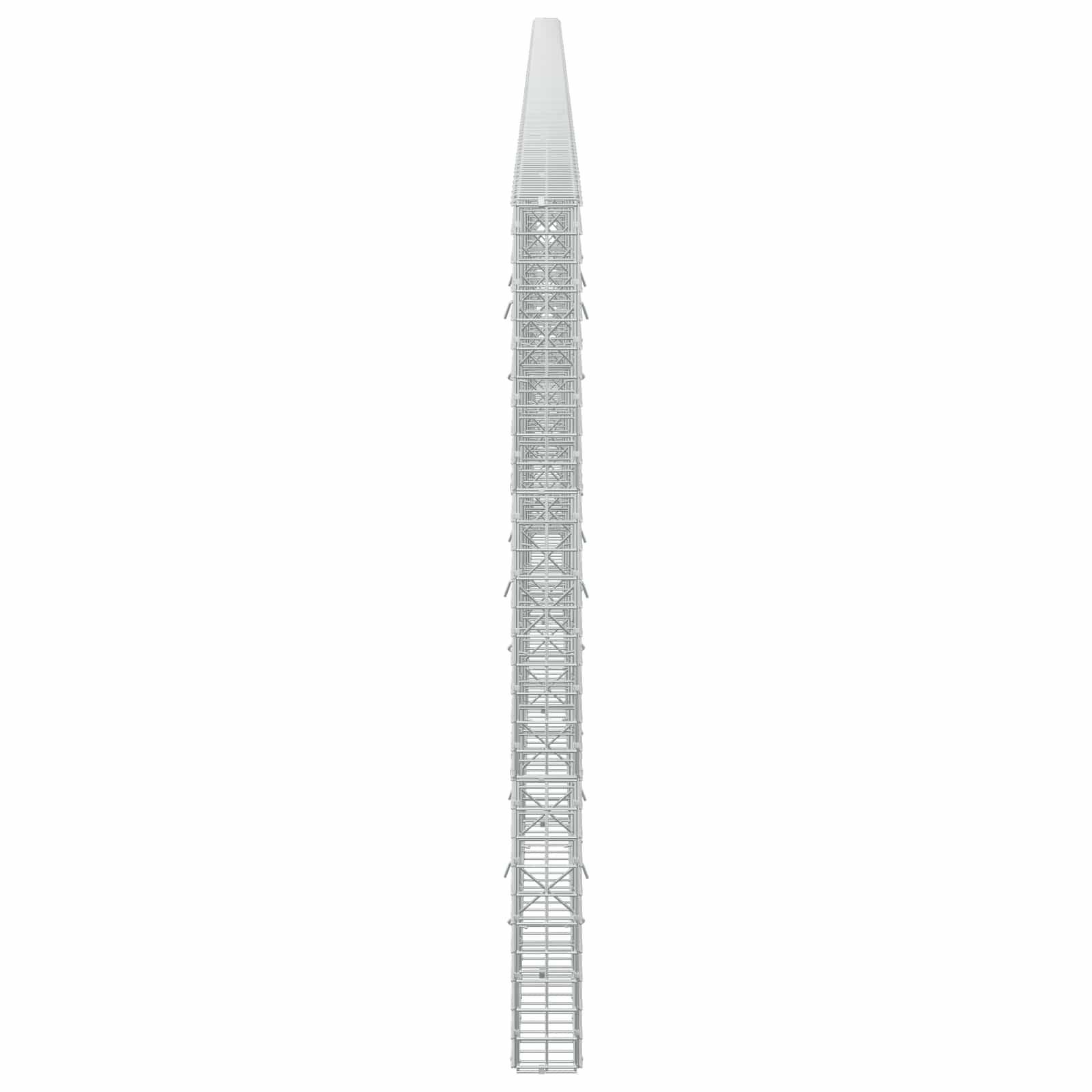 Hoher, schmaler Metallturm oder Mast, zentriert auf einem einfachen weißen Hintergrund, in voller Länge dargestellt.